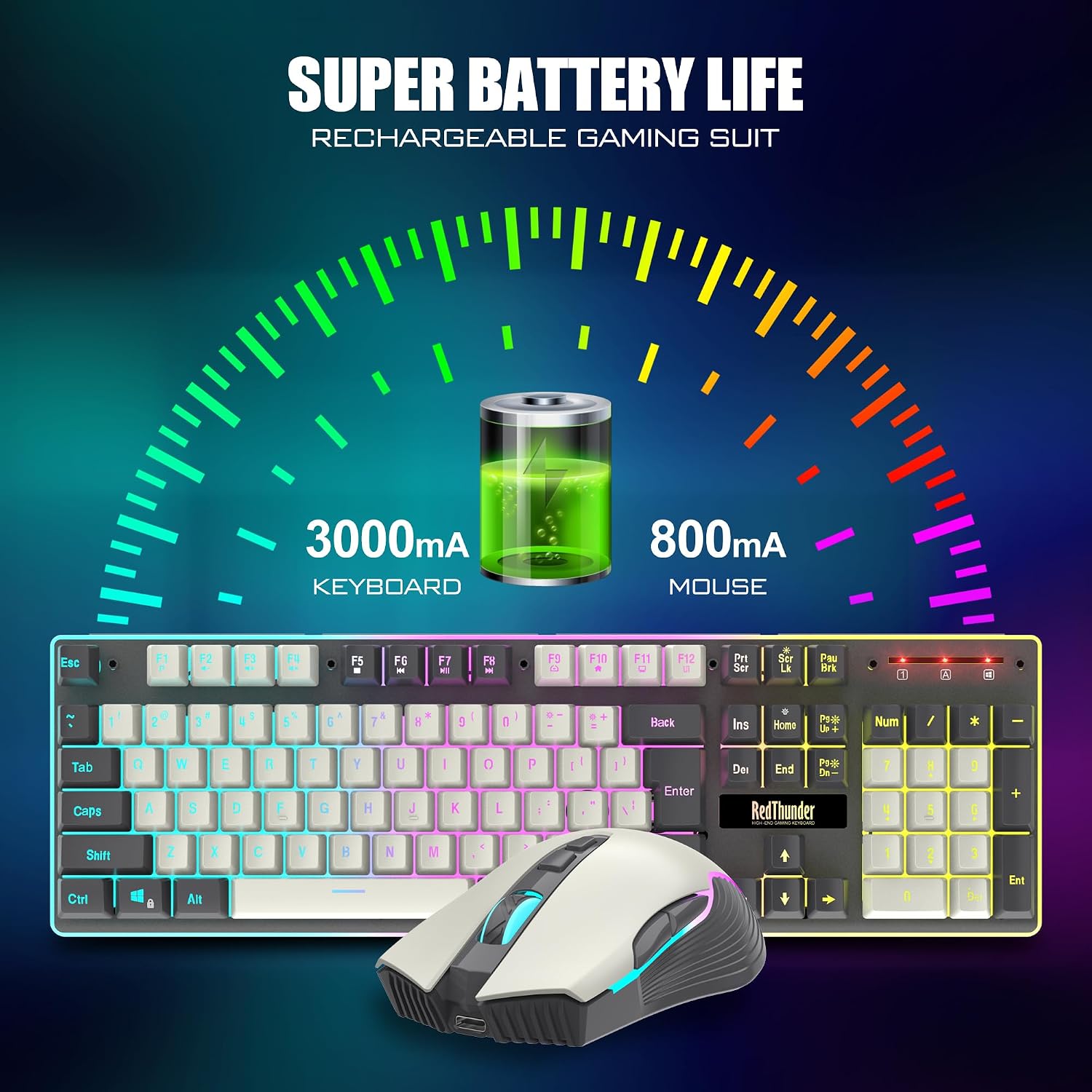 KIT DE TECLADO Y MOUSE INALÁMBRICO REDTHUNDER K10 PRO RGB RECARGABLE 3800MAH BLANCO GRIS - 3