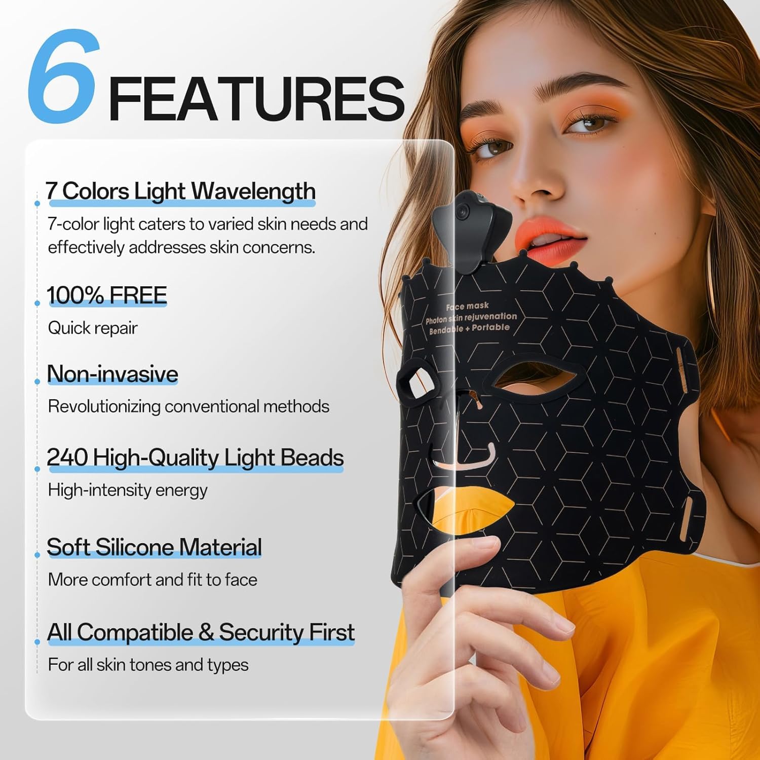 MASCARILLA FACIAL DE LUZ ROJA FACEGO 7 COLORES SILICONA INALÁMBRICA - 2