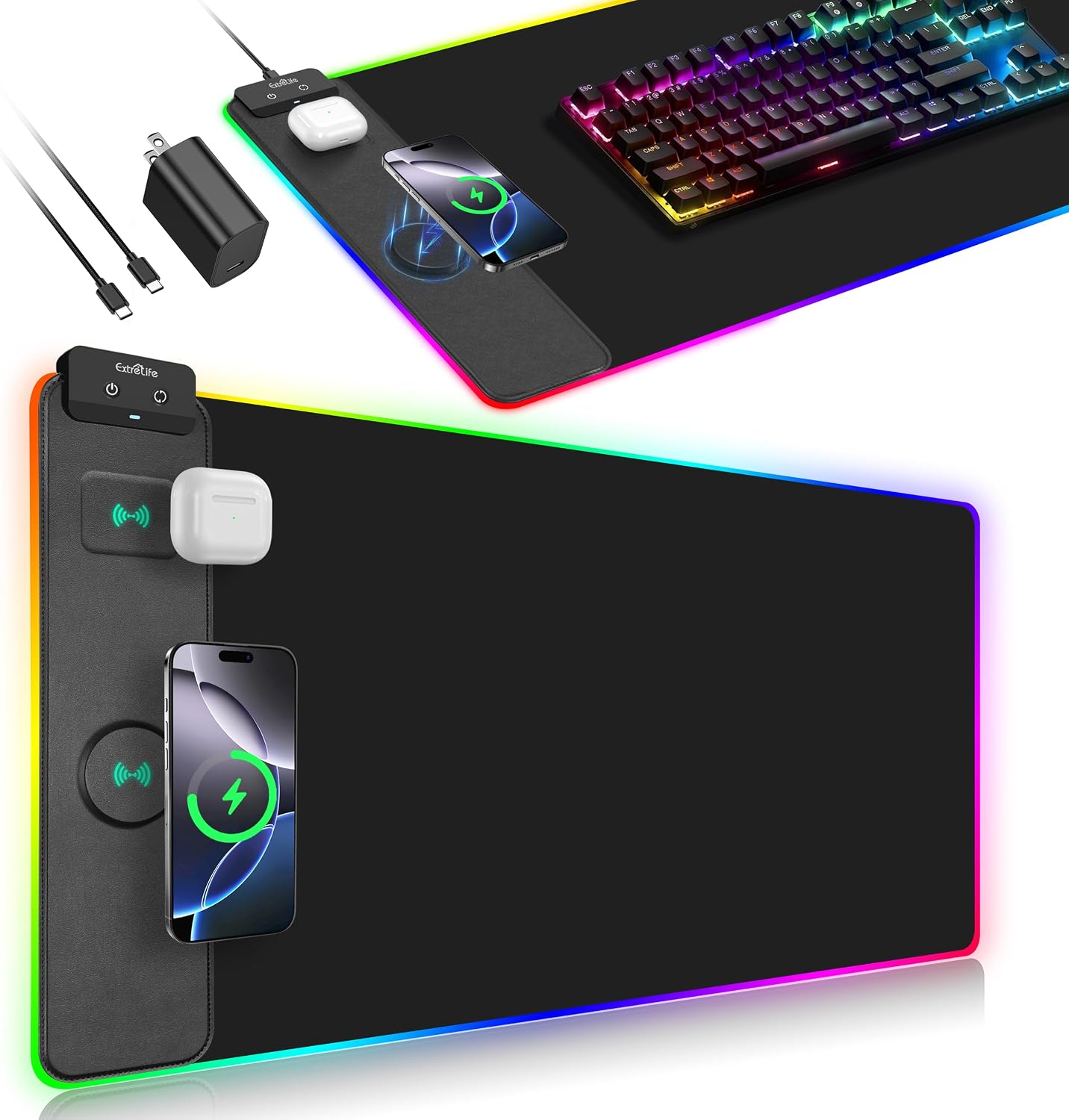 MOUSE PAD EXTRELIFE CON CARGADOR INALÁMBRICO RGB 80X40 CM NEGRO - 1