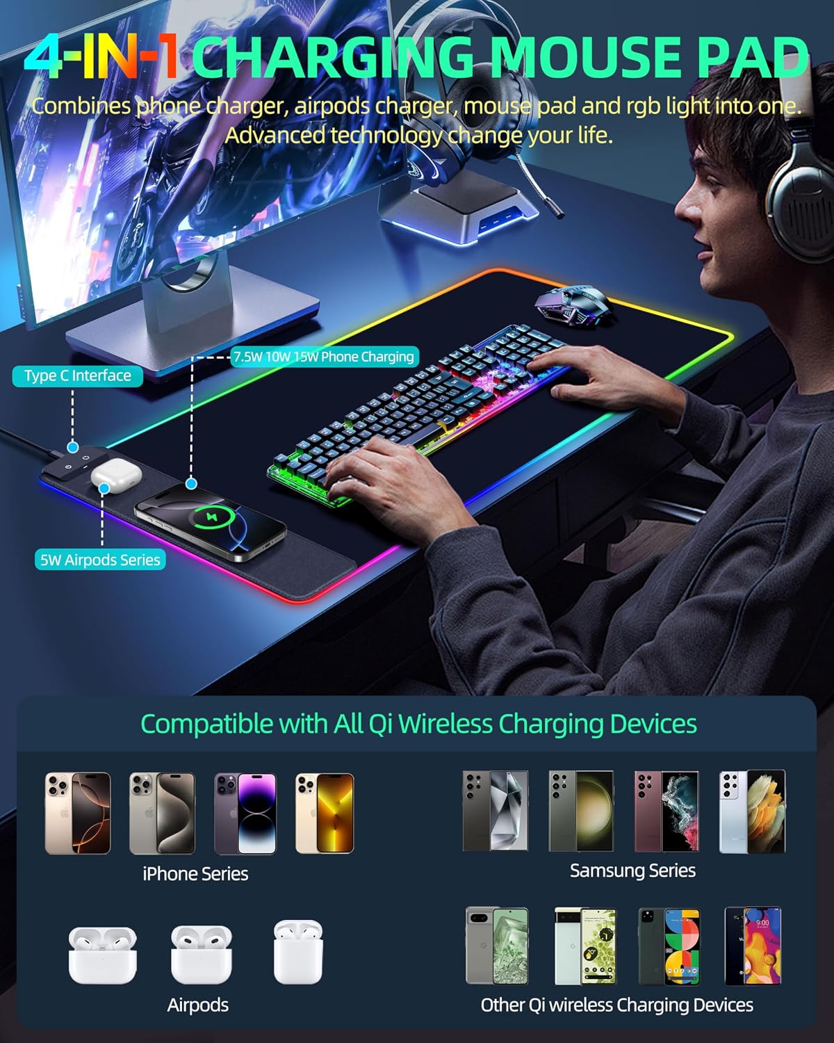 MOUSE PAD EXTRELIFE CON CARGADOR INALÁMBRICO RGB 80X40 CM NEGRO - 3