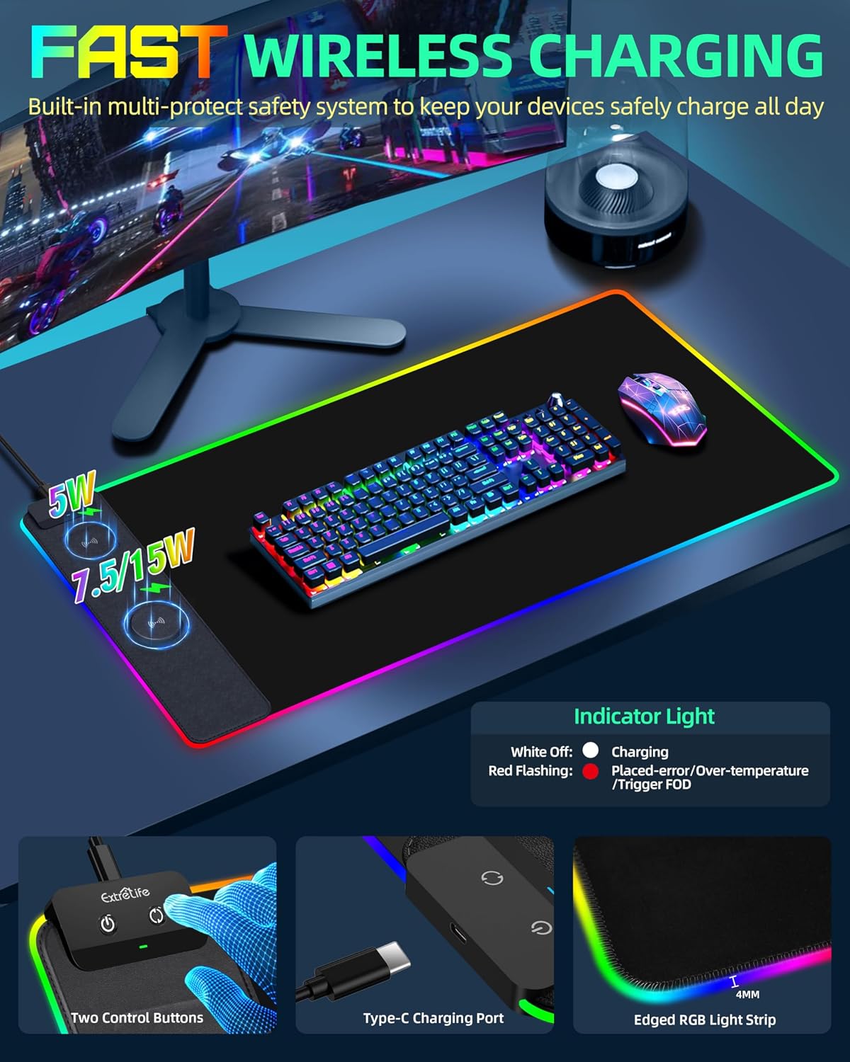 MOUSE PAD EXTRELIFE CON CARGADOR INALÁMBRICO RGB 80X40 CM NEGRO - 5