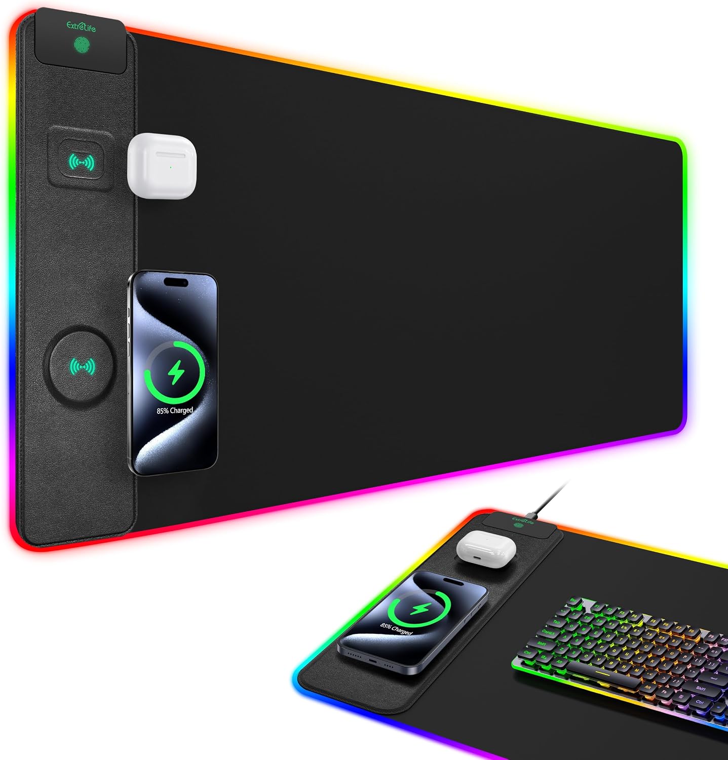 MOUSE PAD EXTRELIFE CON CARGA INALÁMBRICA RGB 80X40 CM - 1