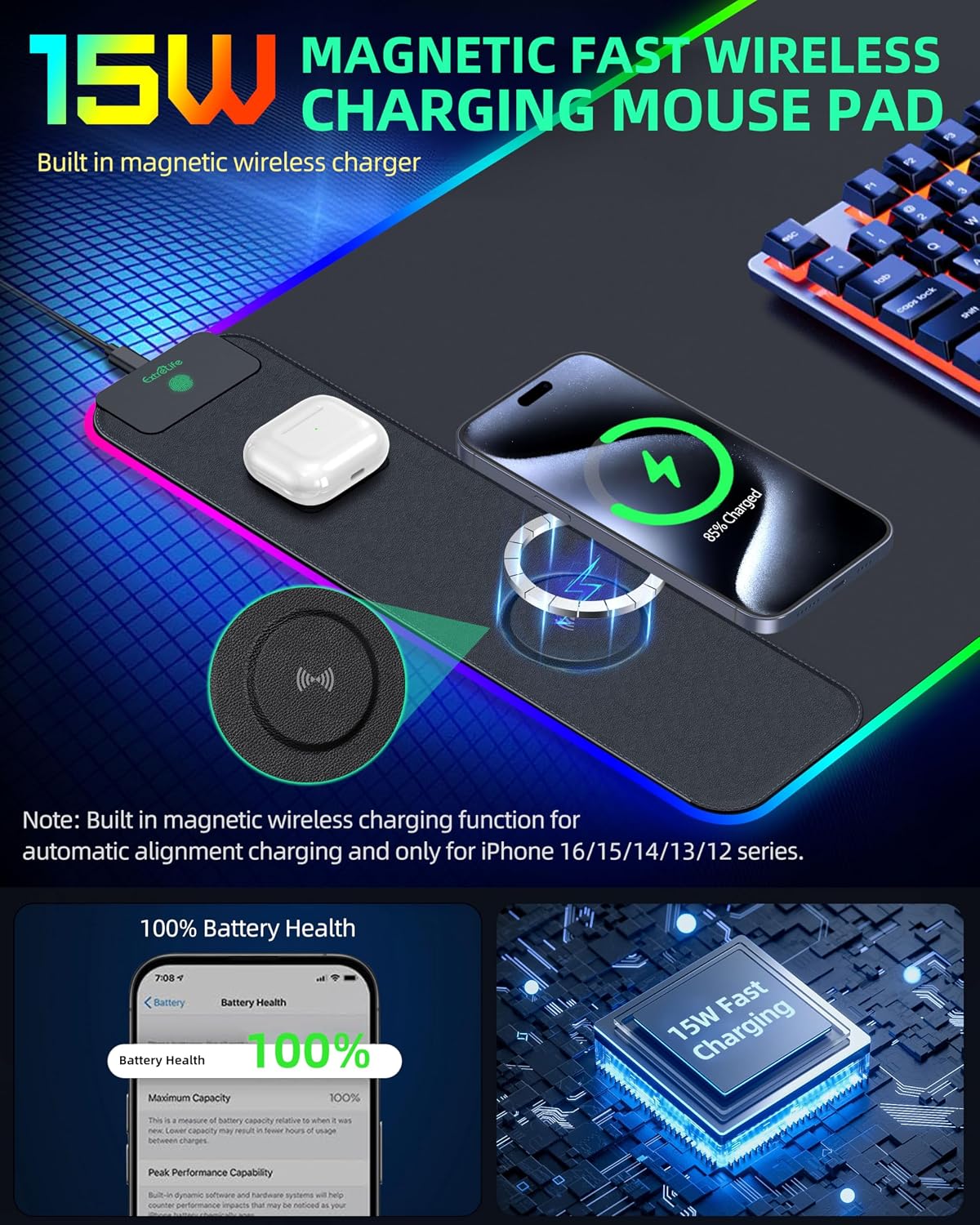 MOUSE PAD EXTRELIFE CON CARGA INALÁMBRICA RGB 80X40 CM - 2