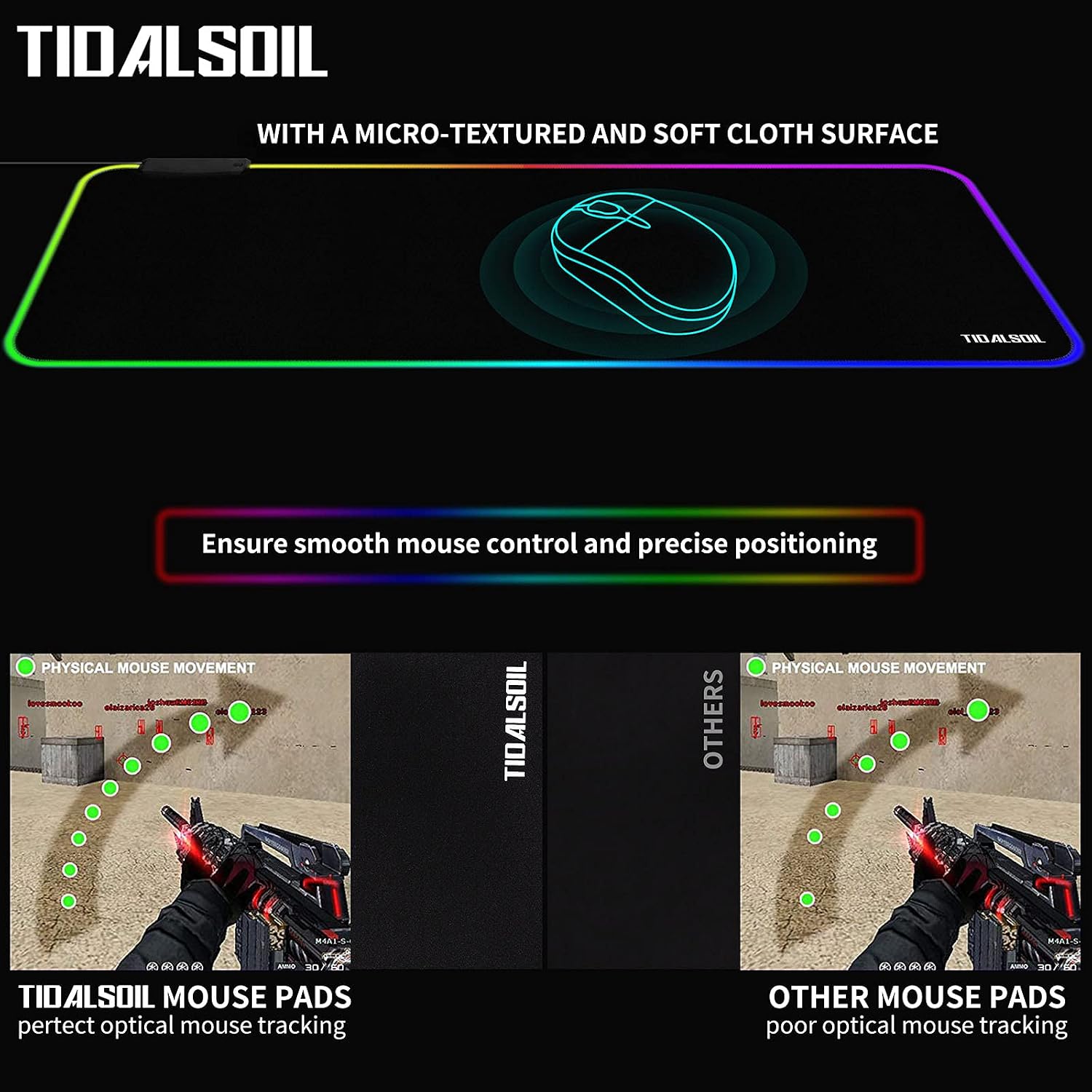 MOUSE PAD GAMING TIDALSOIL RGB CON HUB USB 4 PUERTOS 80X30 CM - 4