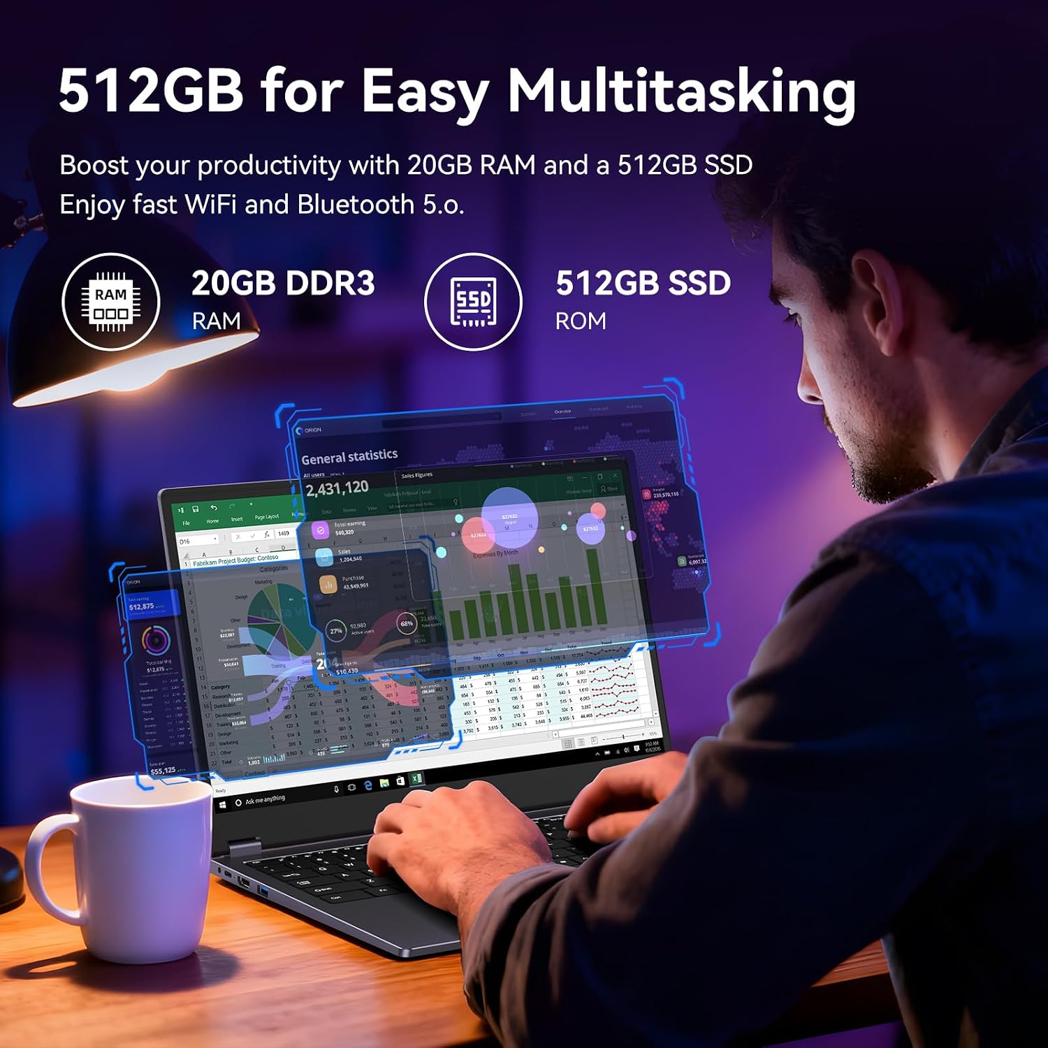 LAPTOP 2 EN 1 TYLVX 15.6' DEEP PURPLE 20GB RAM 512GB SSD INTEL CORE M3-8100Y - 5