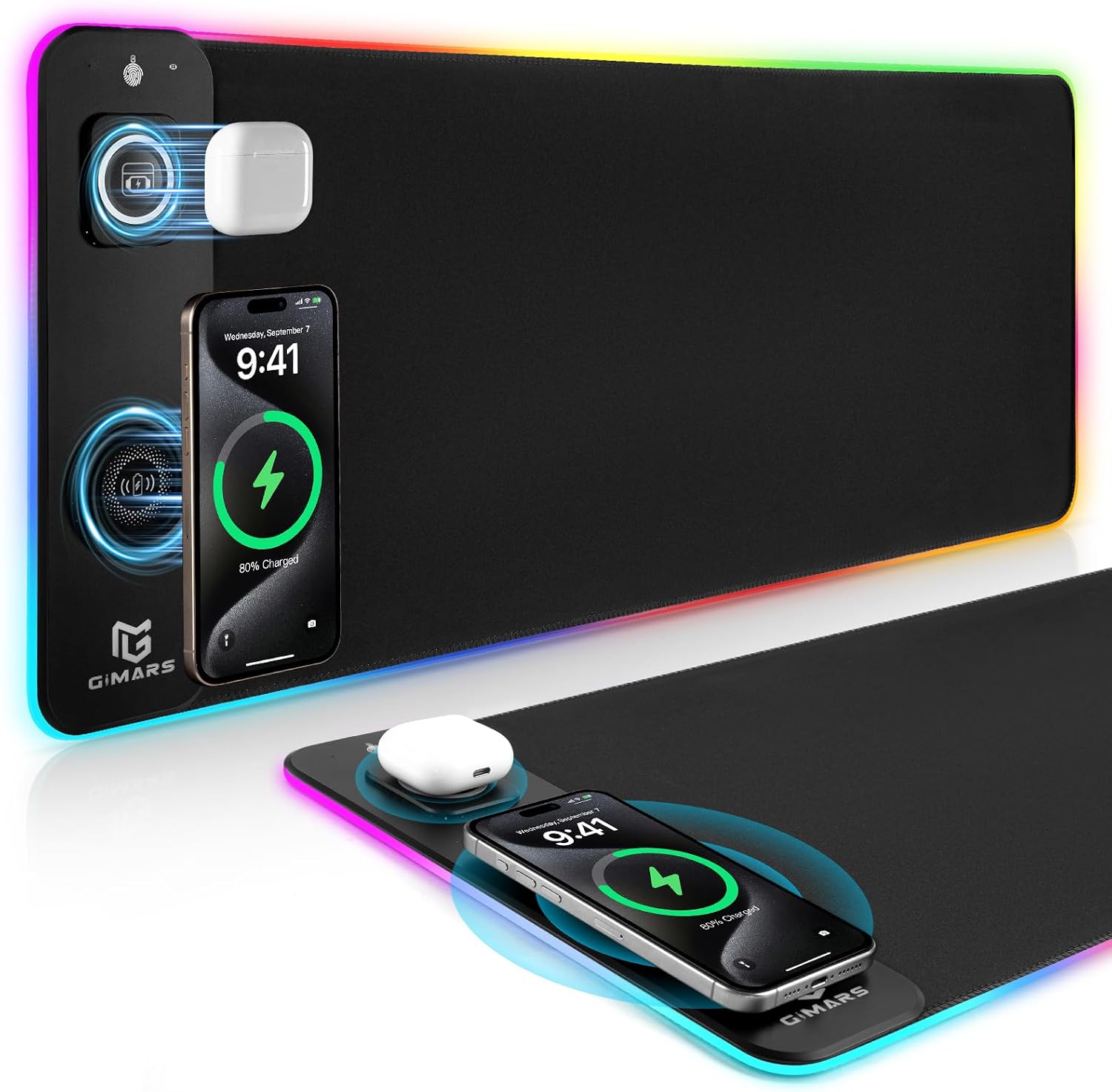 MOUSE PAD GIMARS UPGRADE 3 EN 1 RGB CON CARGA INALÁMBRICA RÁPIDA 15W Y SUPERFICIE IMPERMEABLE 80X30 CM - 1