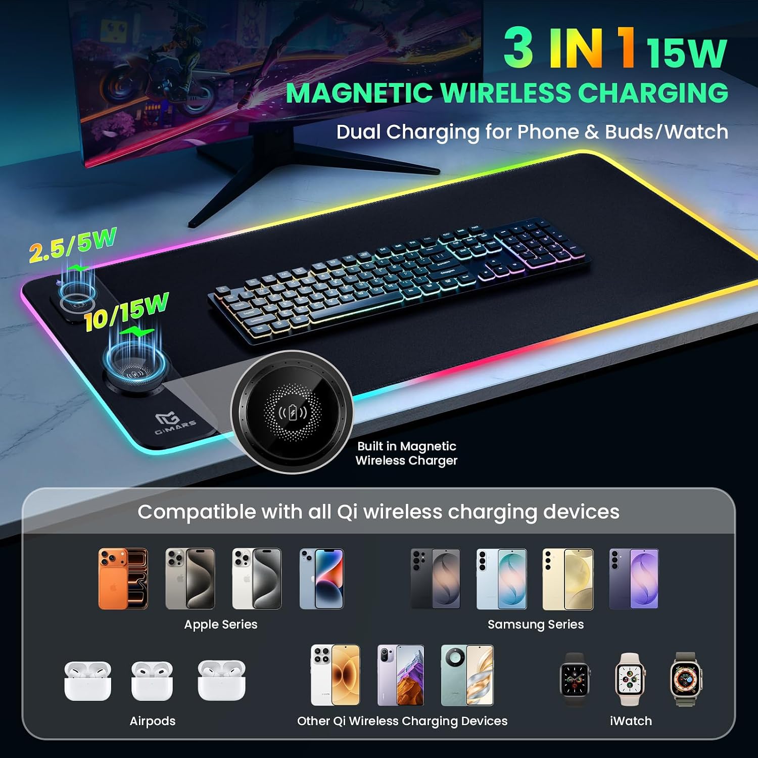 MOUSE PAD GIMARS UPGRADE 3 EN 1 RGB CON CARGA INALÁMBRICA RÁPIDA 15W Y SUPERFICIE IMPERMEABLE 80X30 CM - 2