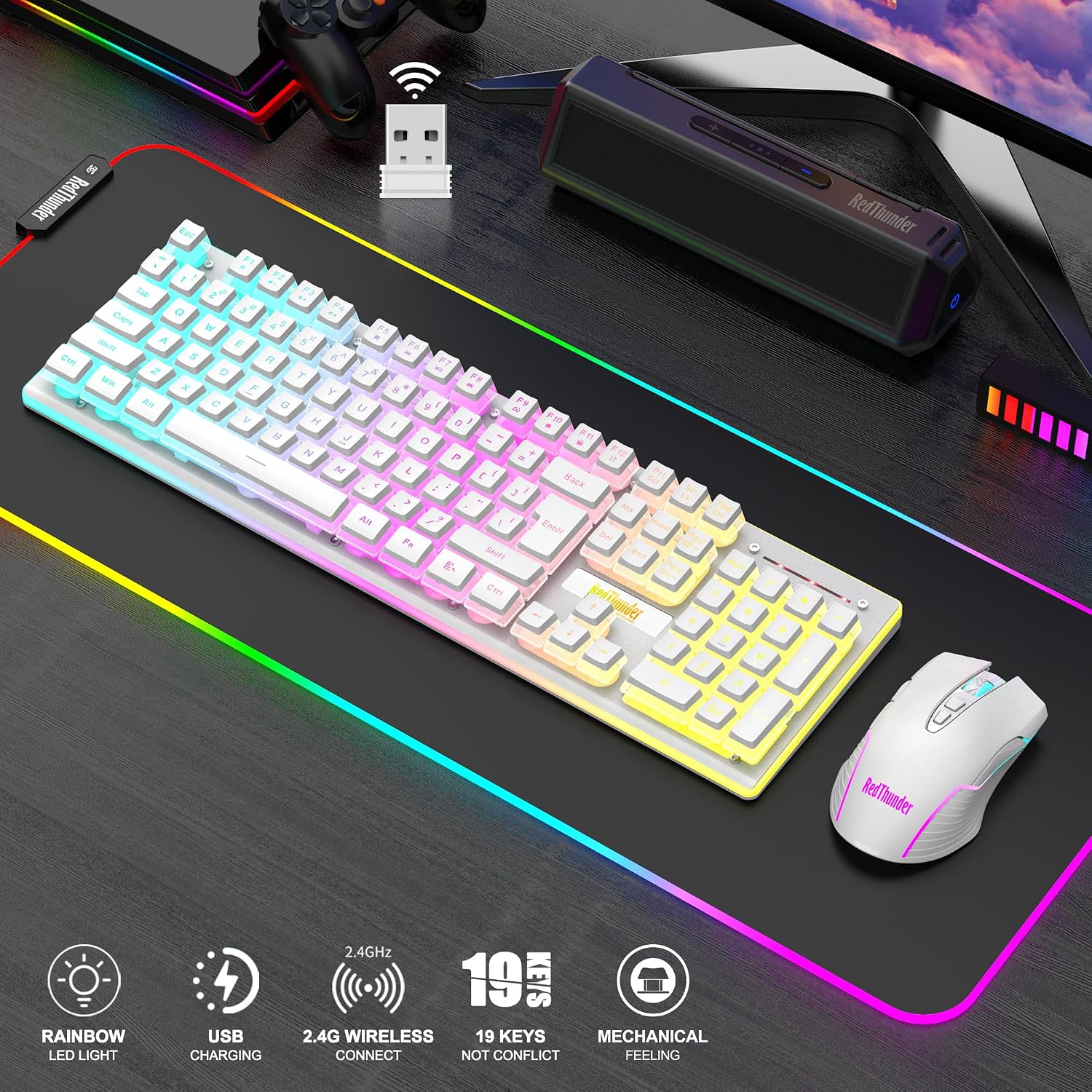 KIT INALÁMBRICO TECLADO Y MOUSE REDTHUNDER K10 BLANCO PUDDING - 2