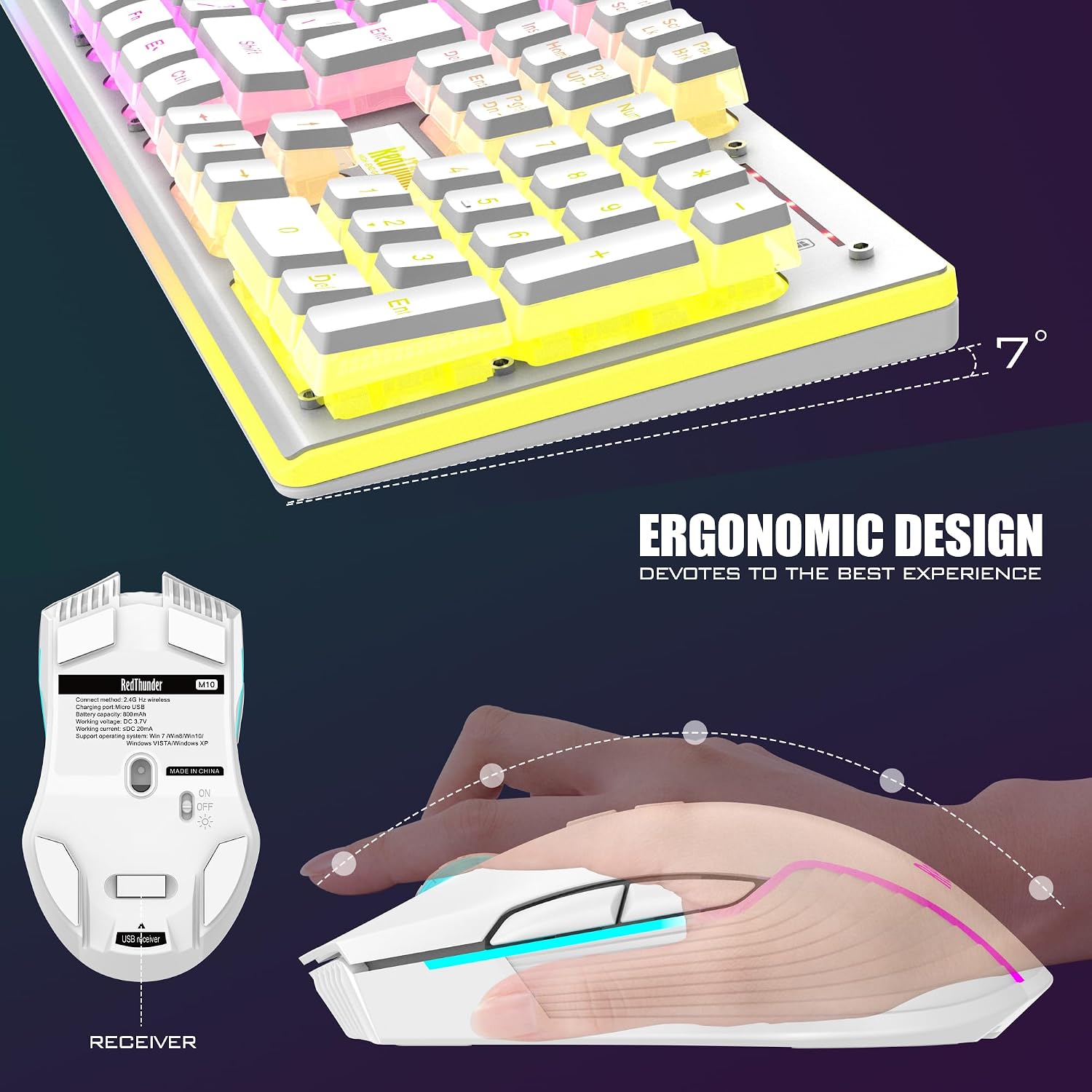 KIT INALÁMBRICO TECLADO Y MOUSE REDTHUNDER K10 BLANCO PUDDING - 5