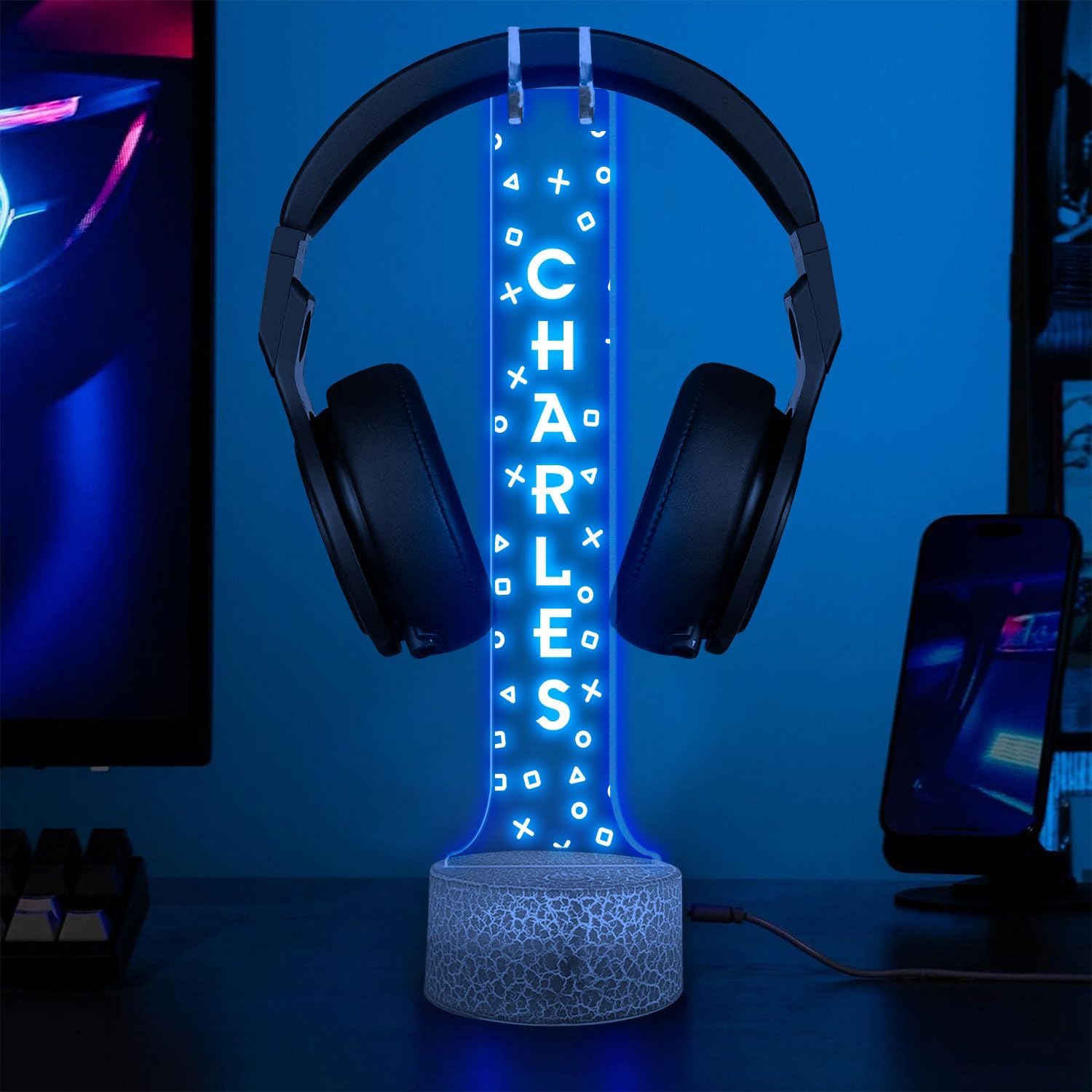 SOPORTE PARA AUDÍFONOS LED GIANTBIGHANDS CON LUCES RGB PERSONALIZABLE - 1