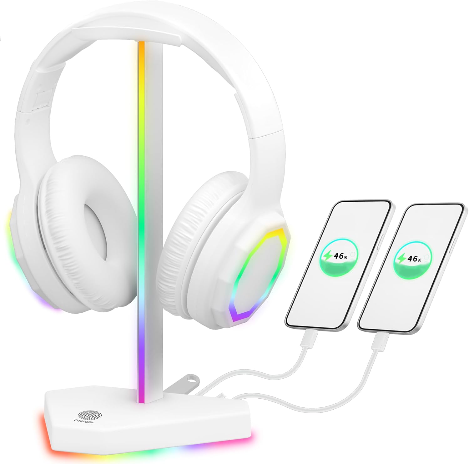SOPORTE PARA AUDÍFONOS CHARLXEE RGB CON 2 PUERTOS USB-C Y 1 PUERTO USB BLANCO - 1