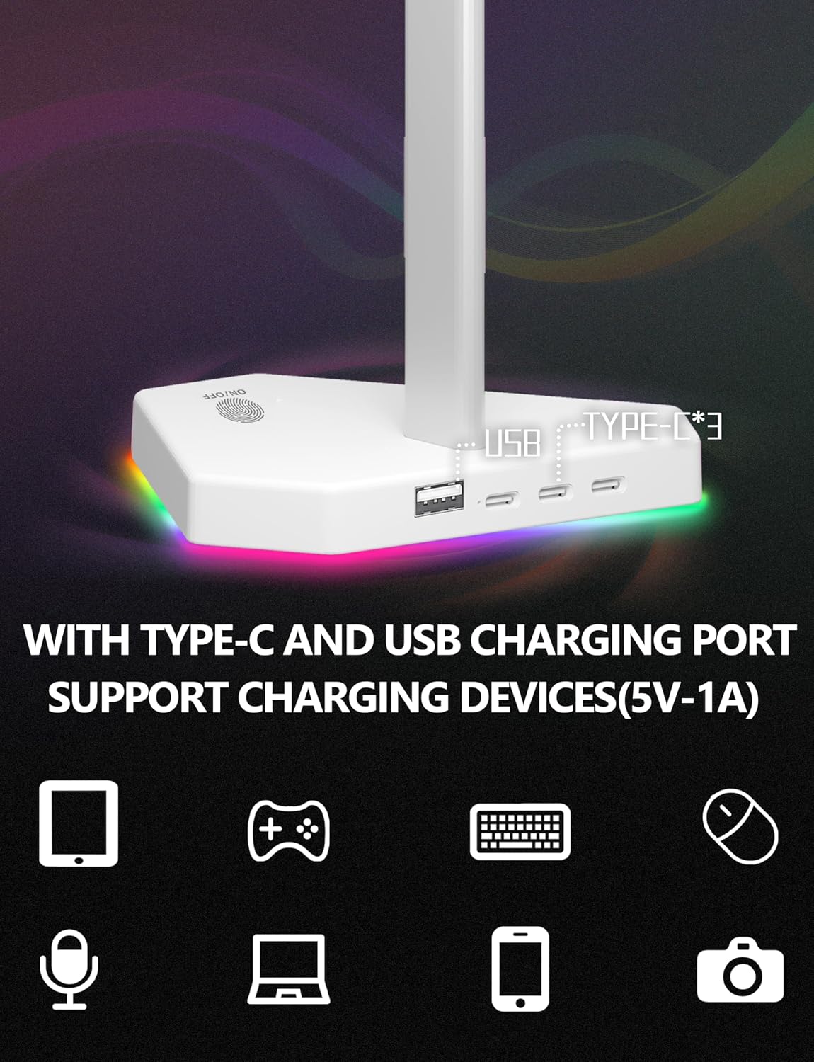 SOPORTE PARA AUDÍFONOS CHARLXEE RGB CON 2 PUERTOS USB-C Y 1 PUERTO USB BLANCO - 2