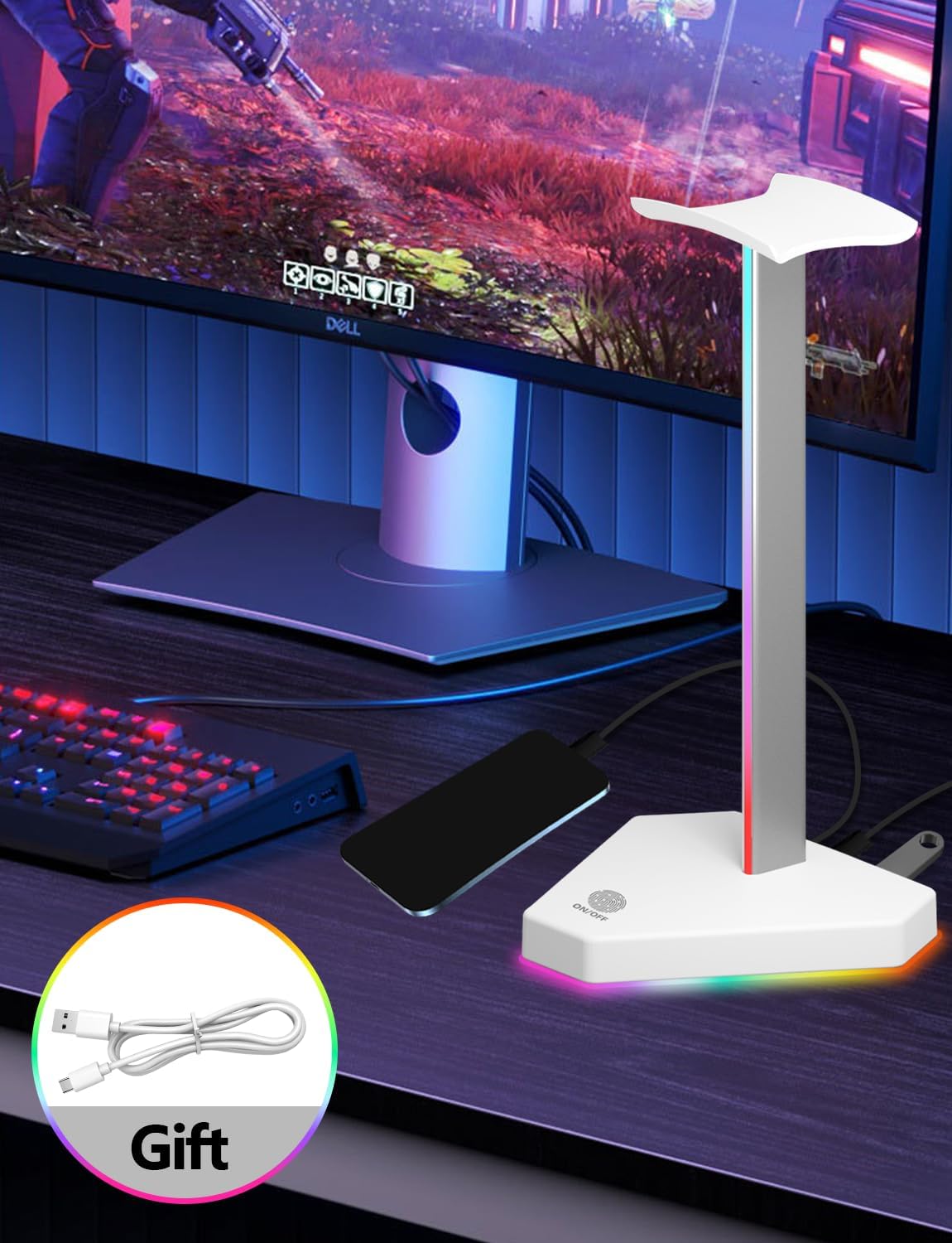 SOPORTE PARA AUDÍFONOS CHARLXEE RGB CON 2 PUERTOS USB-C Y 1 PUERTO USB BLANCO - 4
