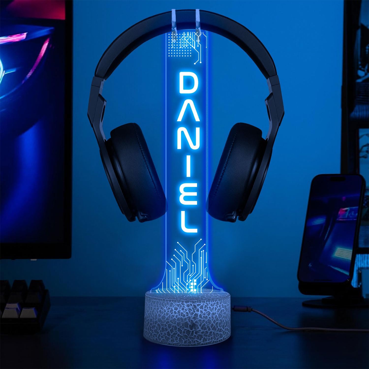 SOPORTE PARA AUDÍFONOS GIANTBIGHANDS CON LUCES LED RGB PERSONALIZABLE - 1