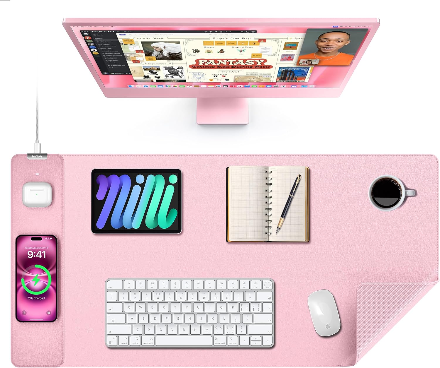 MOUSE PAD TOPMADE XXL CON CARGA INALÁMBRICA 15W CUERO SINTÉTICO ROSA - 1