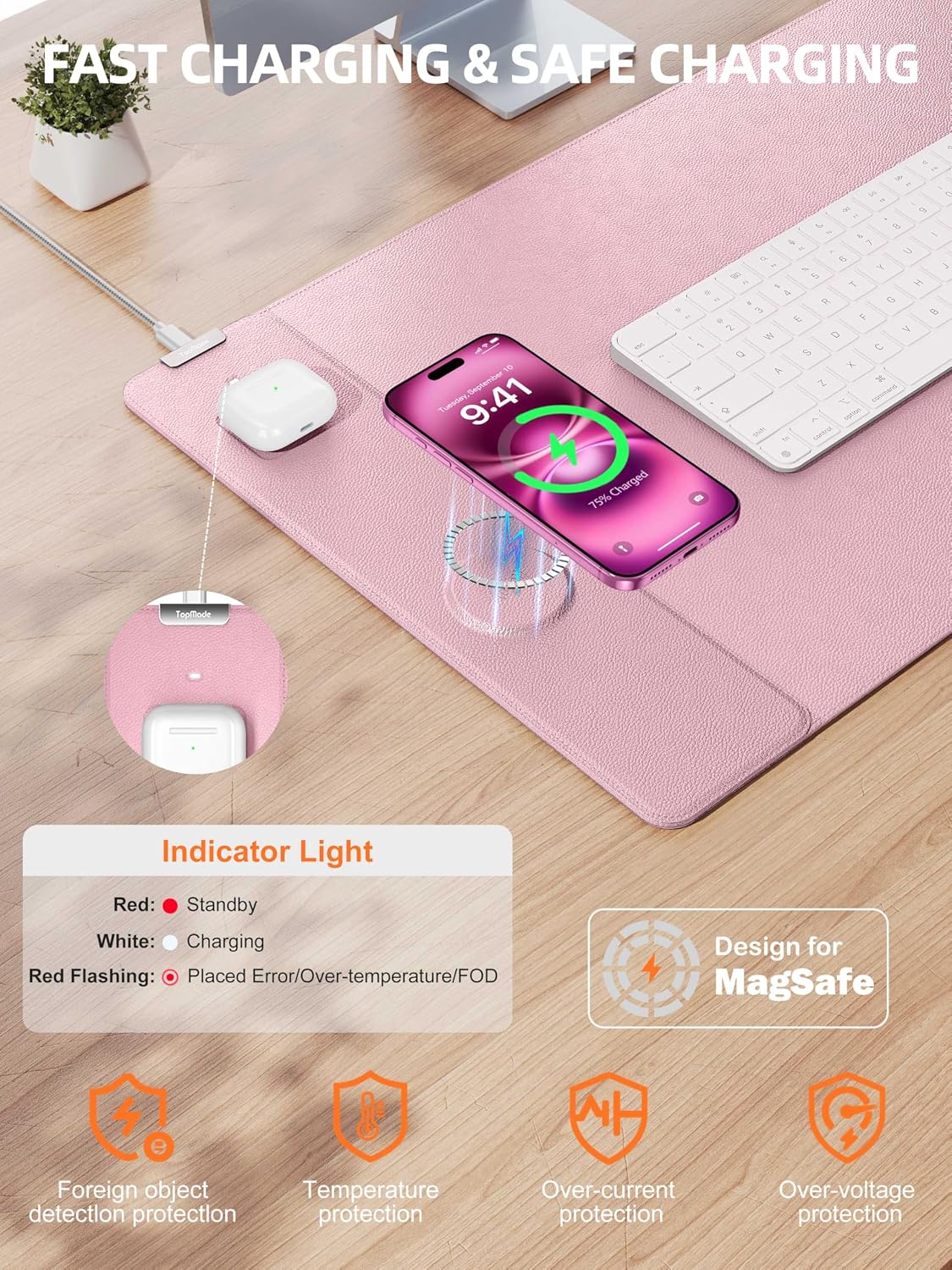 MOUSE PAD TOPMADE XXL CON CARGA INALÁMBRICA 15W CUERO SINTÉTICO ROSA - 2