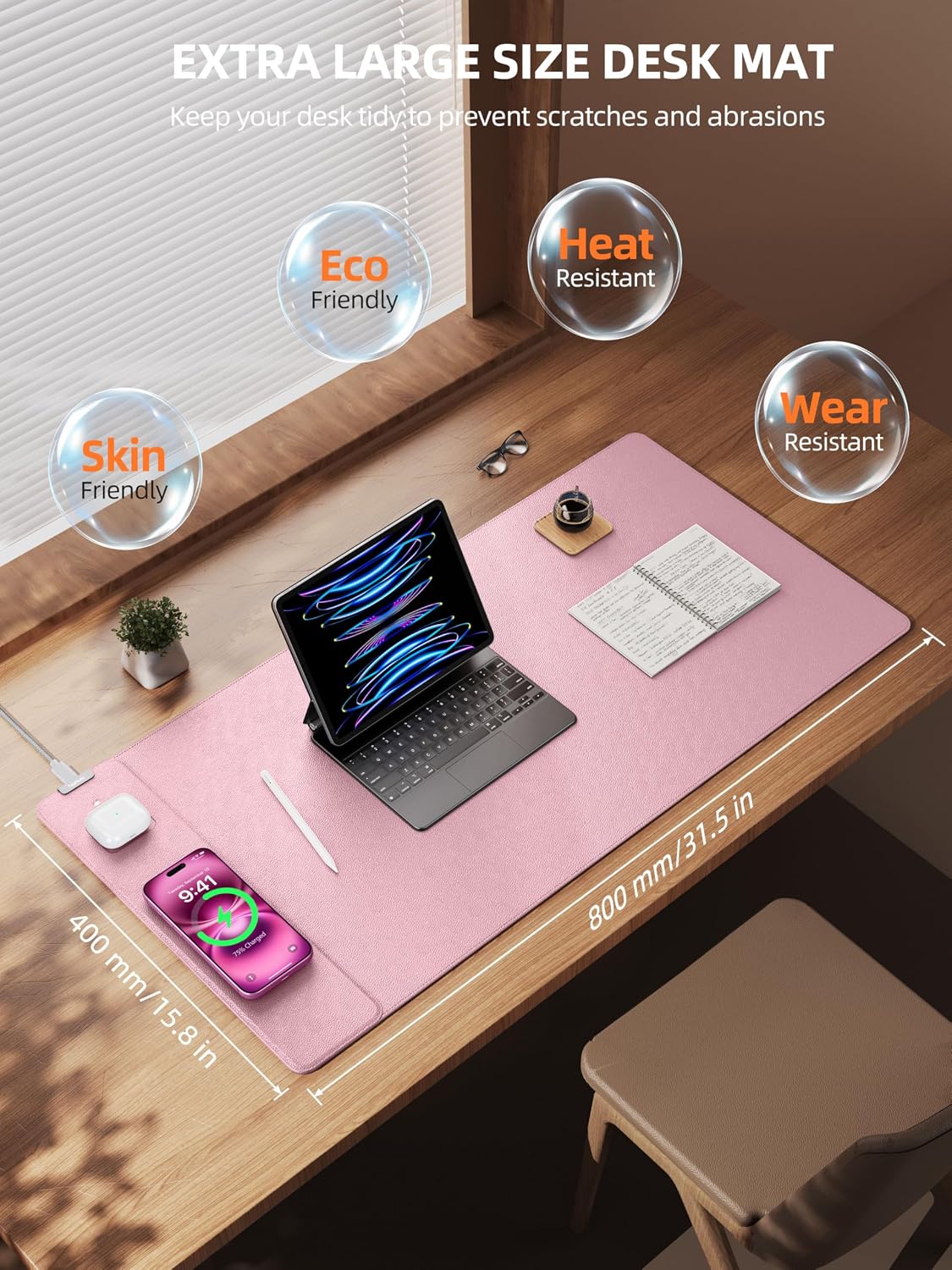 MOUSE PAD TOPMADE XXL CON CARGA INALÁMBRICA 15W CUERO SINTÉTICO ROSA - 3