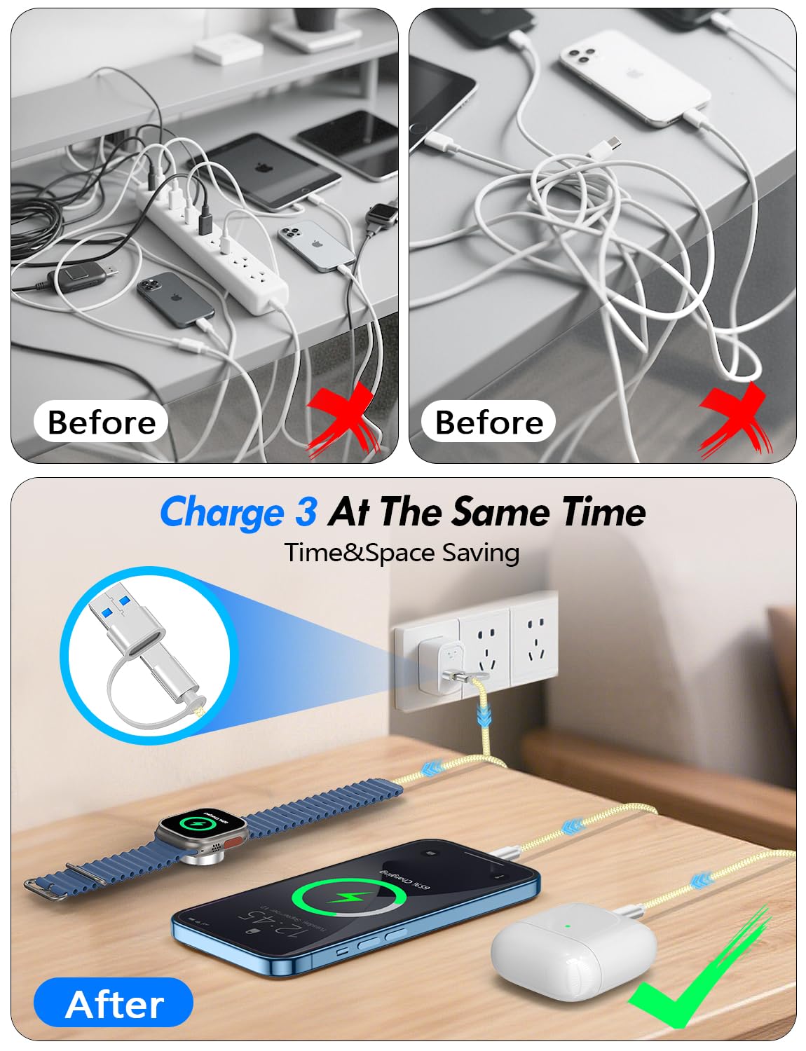 CABLE CARGADOR MÚLTIPLE 3 EN 2 XIWXI 1.25 M PARA APPLE WATCH Y USB C/A - 4