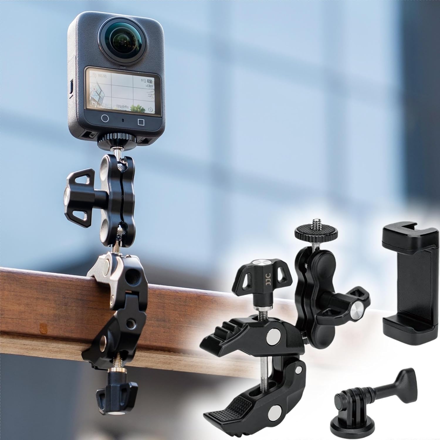 SOPORTE PARA CÁMARA JJC DSLR SUPER CLAMP CON DOBLE BOLA Y ROSCAS 1/4'-20 Y 3/8'-16 - 1