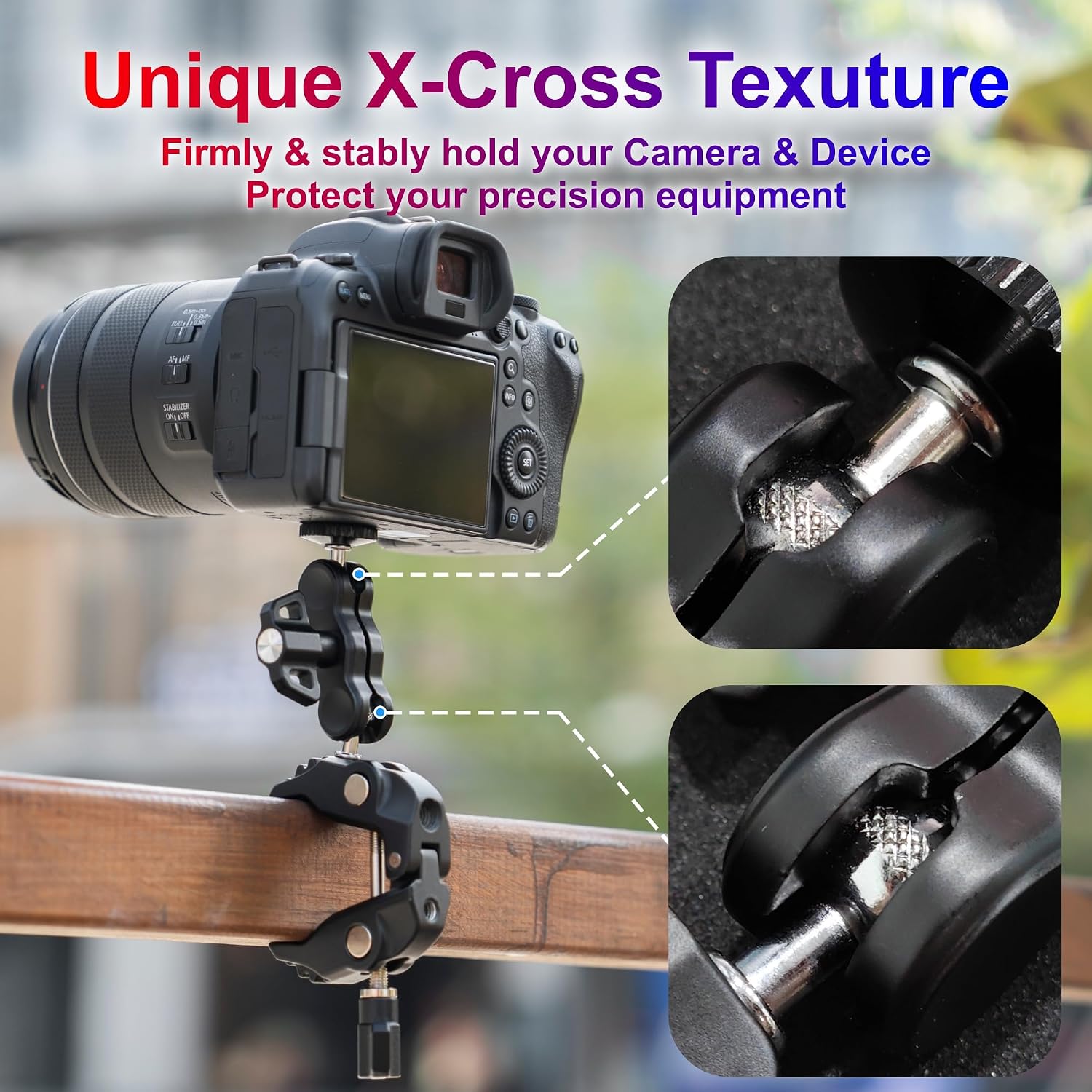 SOPORTE PARA CÁMARA JJC DSLR SUPER CLAMP CON DOBLE BOLA Y ROSCAS 1/4'-20 Y 3/8'-16 - 2