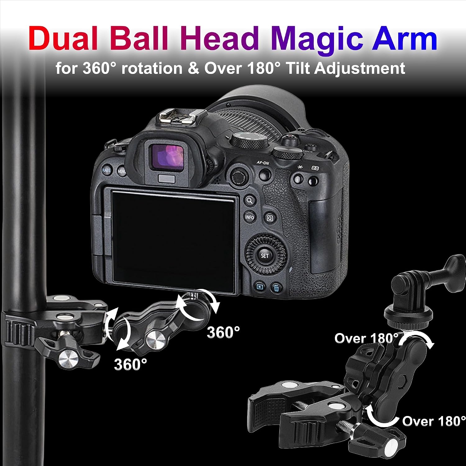 SOPORTE PARA CÁMARA JJC DSLR SUPER CLAMP CON DOBLE BOLA Y ROSCAS 1/4'-20 Y 3/8'-16 - 3