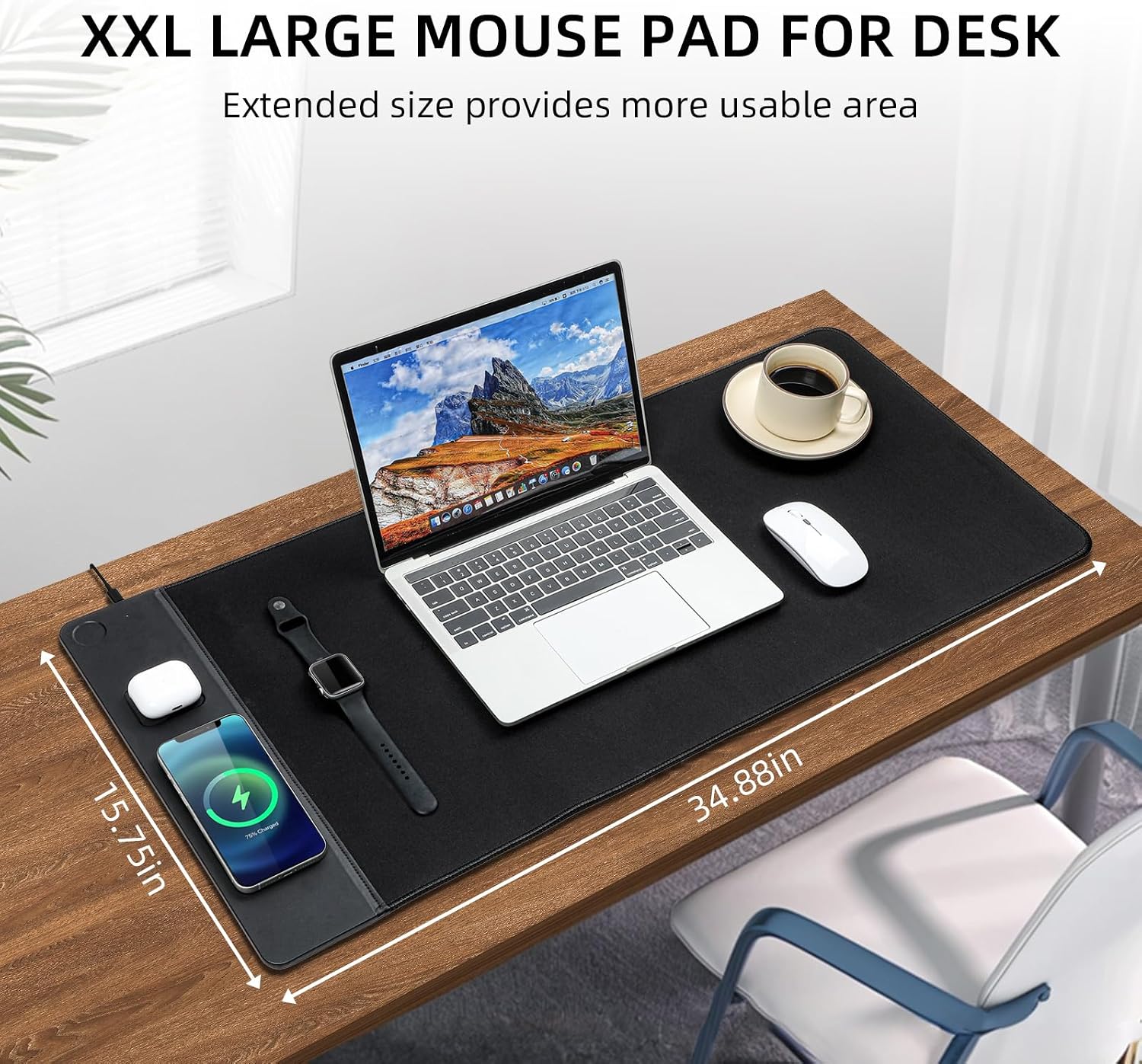 MOUSE PAD CON CARGADOR INALÁMBRICO VOVIPO 3 EN 1 90X40 CM NEGRO - 2