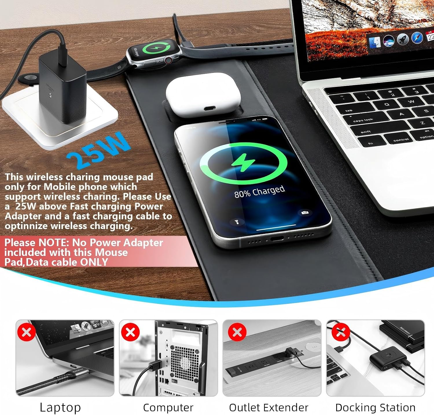 MOUSE PAD CON CARGADOR INALÁMBRICO VOVIPO 3 EN 1 90X40 CM NEGRO - 3