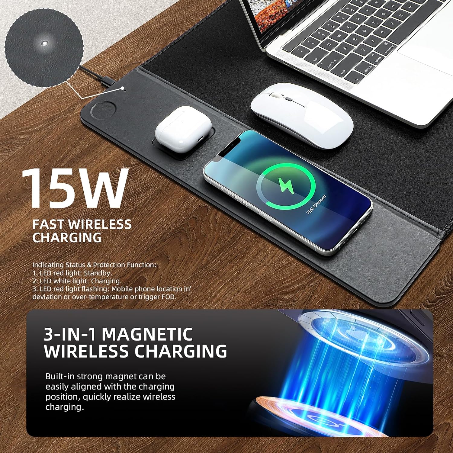 MOUSE PAD CON CARGADOR INALÁMBRICO VOVIPO 3 EN 1 90X40 CM NEGRO - 4