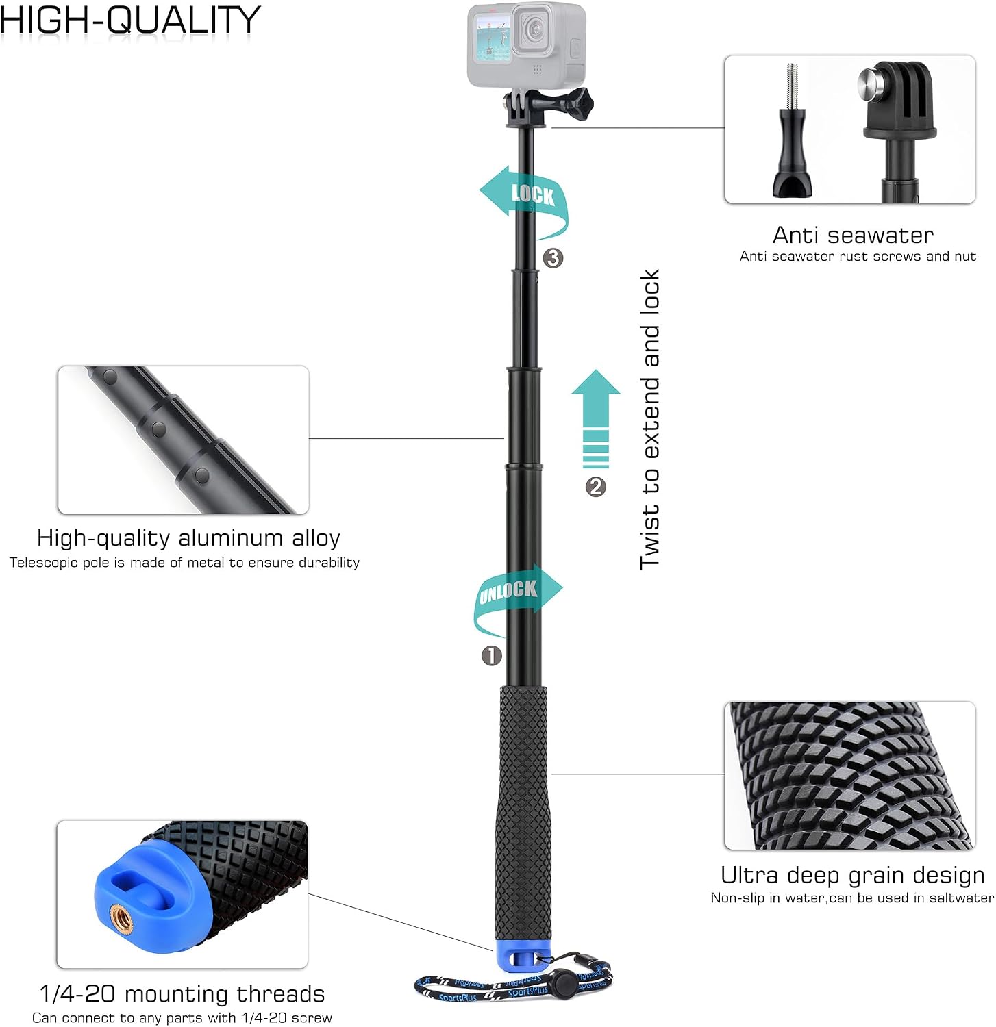 TRÍPODE PARA CÁMARA GEPULY 46'' IMPERMEABLE CON SOPORTE PARA GOPRO E INSTA360 - 3