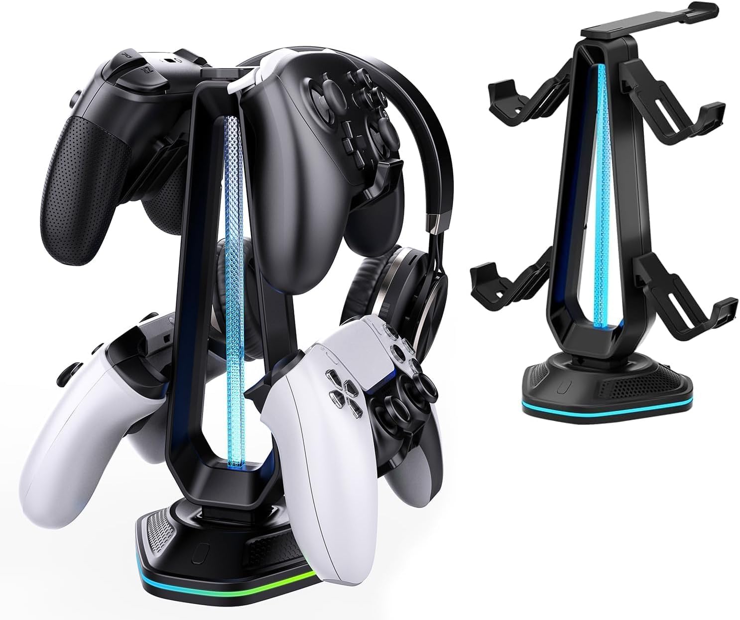 SOPORTE PARA CONTROLES Y HEADSET SAITAKE RGB CON 9 MODOS DE LUZ, 2 PUERTOS USB, ORGANIZADOR PARA XBOX PS5 PS4 SWITCH PC NEGRO - 1