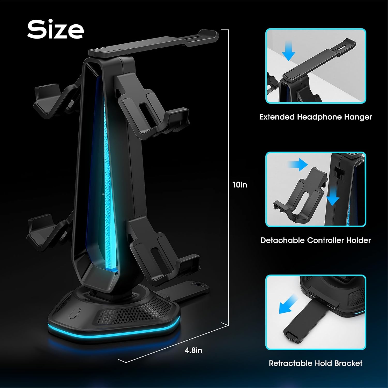 SOPORTE PARA CONTROLES Y HEADSET SAITAKE RGB CON 9 MODOS DE LUZ, 2 PUERTOS USB, ORGANIZADOR PARA XBOX PS5 PS4 SWITCH PC NEGRO - 2