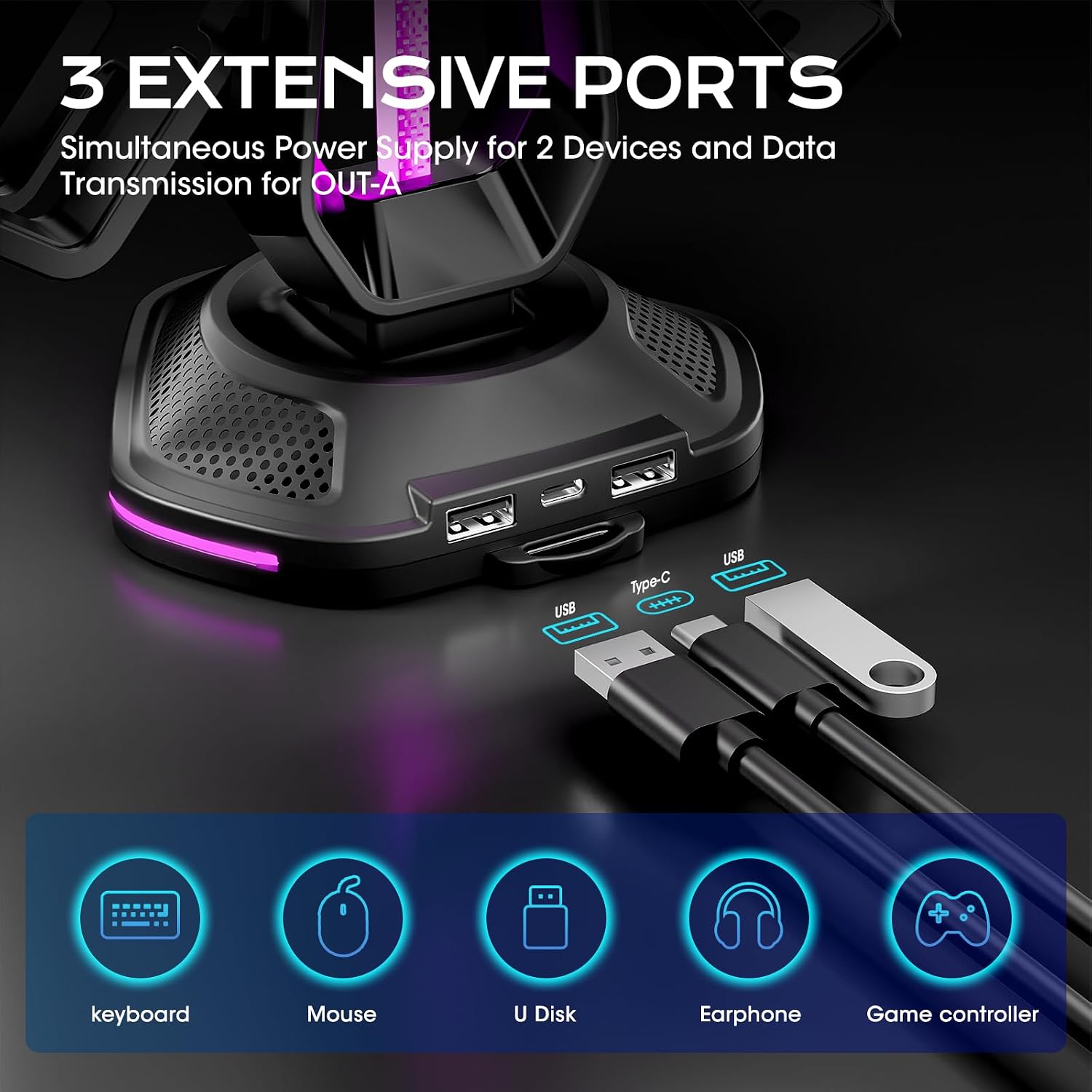 SOPORTE PARA CONTROLES Y HEADSET SAITAKE RGB CON 9 MODOS DE LUZ, 2 PUERTOS USB, ORGANIZADOR PARA XBOX PS5 PS4 SWITCH PC NEGRO - 3