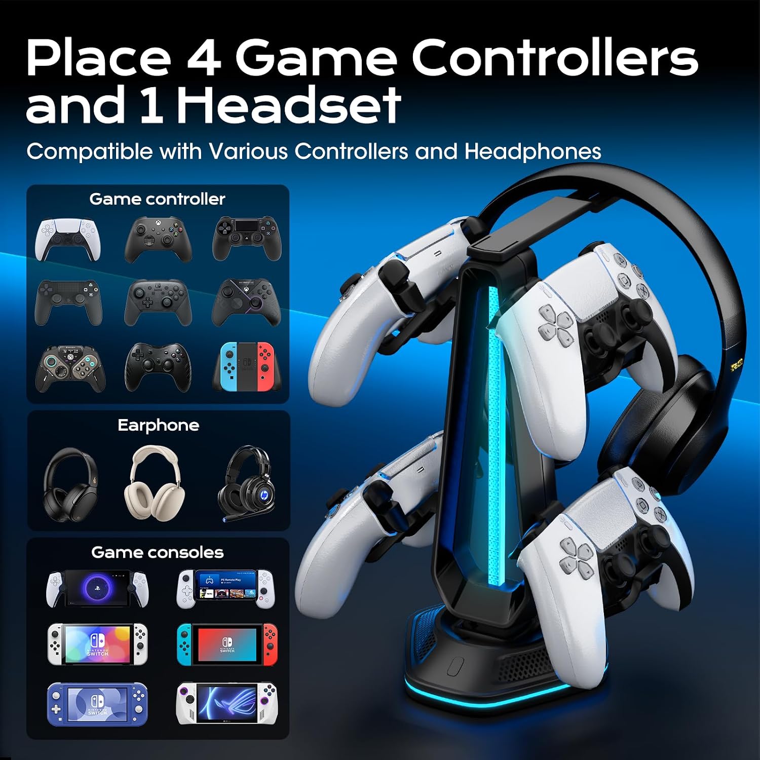 SOPORTE PARA CONTROLES Y HEADSET SAITAKE RGB CON 9 MODOS DE LUZ, 2 PUERTOS USB, ORGANIZADOR PARA XBOX PS5 PS4 SWITCH PC NEGRO - 4