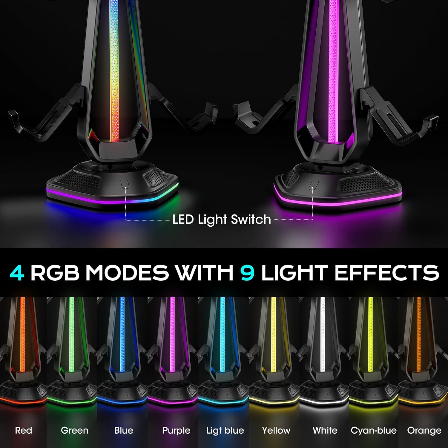 SOPORTE PARA CONTROLES Y HEADSET SAITAKE RGB CON 9 MODOS DE LUZ, 2 PUERTOS USB, ORGANIZADOR PARA XBOX PS5 PS4 SWITCH PC NEGRO - 5