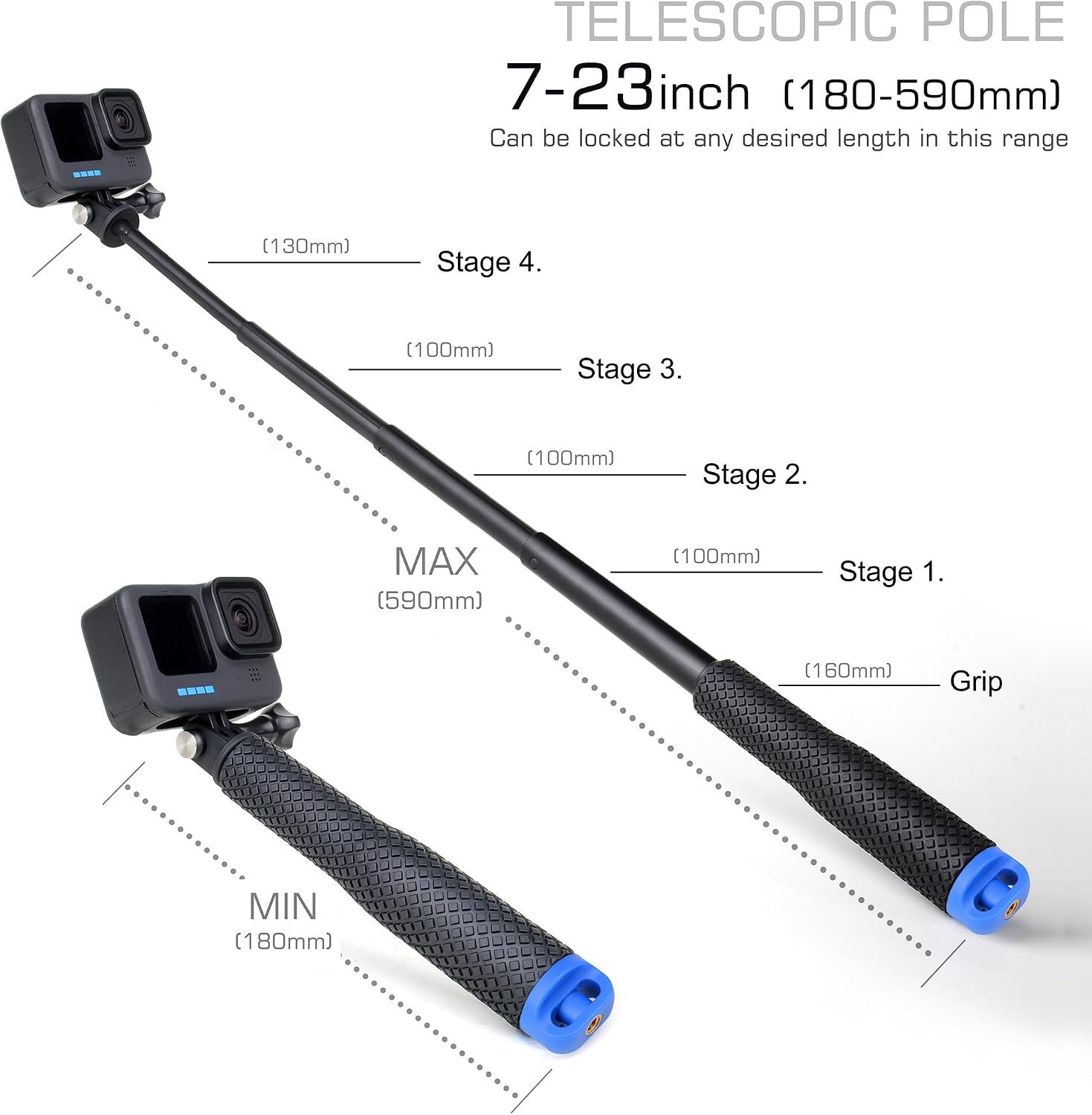TRÍPODE PARA CÁMARA GEPULY 7''-23'' IMPERMEABLE CON MANGO PARA GOPRO Y AKASO - 2