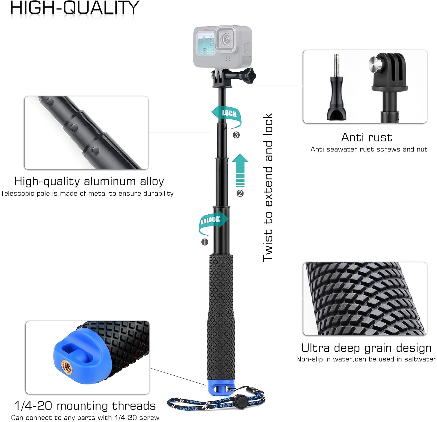 TRÍPODE PARA CÁMARA GEPULY 7''-23'' IMPERMEABLE CON MANGO PARA GOPRO Y AKASO - 3
