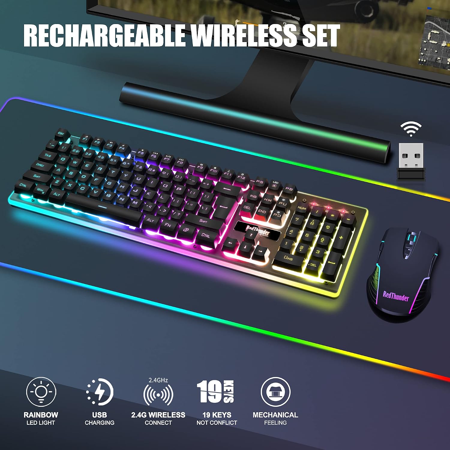 KIT INALÁMBRICO TECLADO Y MOUSE REDTHUNDER K10 RGB RECARGABLE 3800MAH 26 TECLAS ANTI-GHOSTING 7D 3200DPI - 2