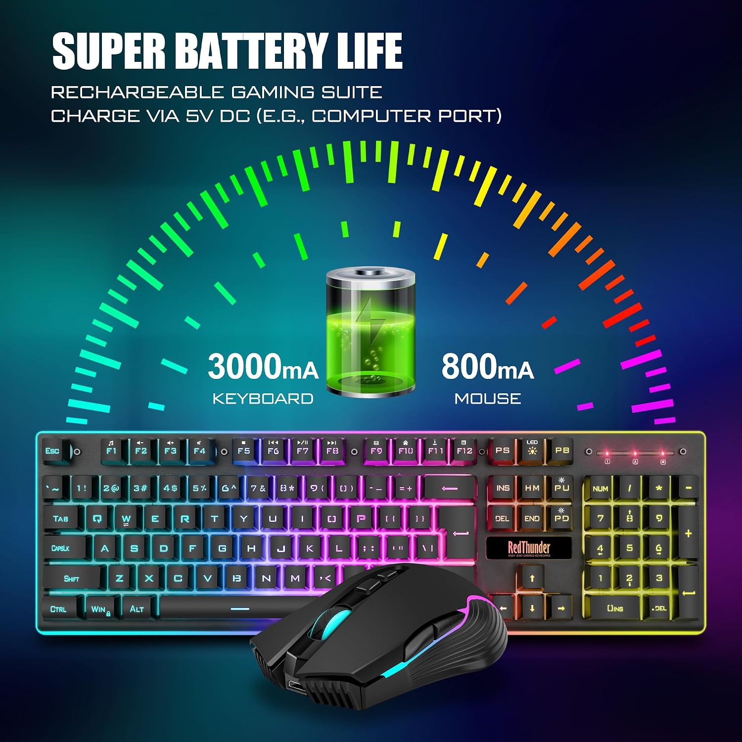 KIT INALÁMBRICO TECLADO Y MOUSE REDTHUNDER K10 RGB RECARGABLE 3800MAH 26 TECLAS ANTI-GHOSTING 7D 3200DPI - 3