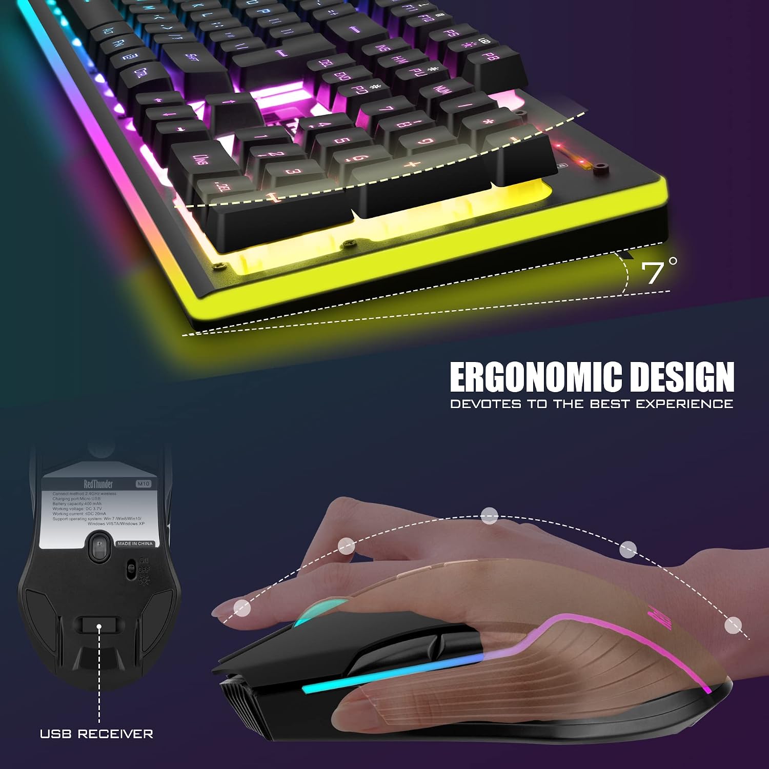 KIT INALÁMBRICO TECLADO Y MOUSE REDTHUNDER K10 RGB RECARGABLE 3800MAH 26 TECLAS ANTI-GHOSTING 7D 3200DPI - 5