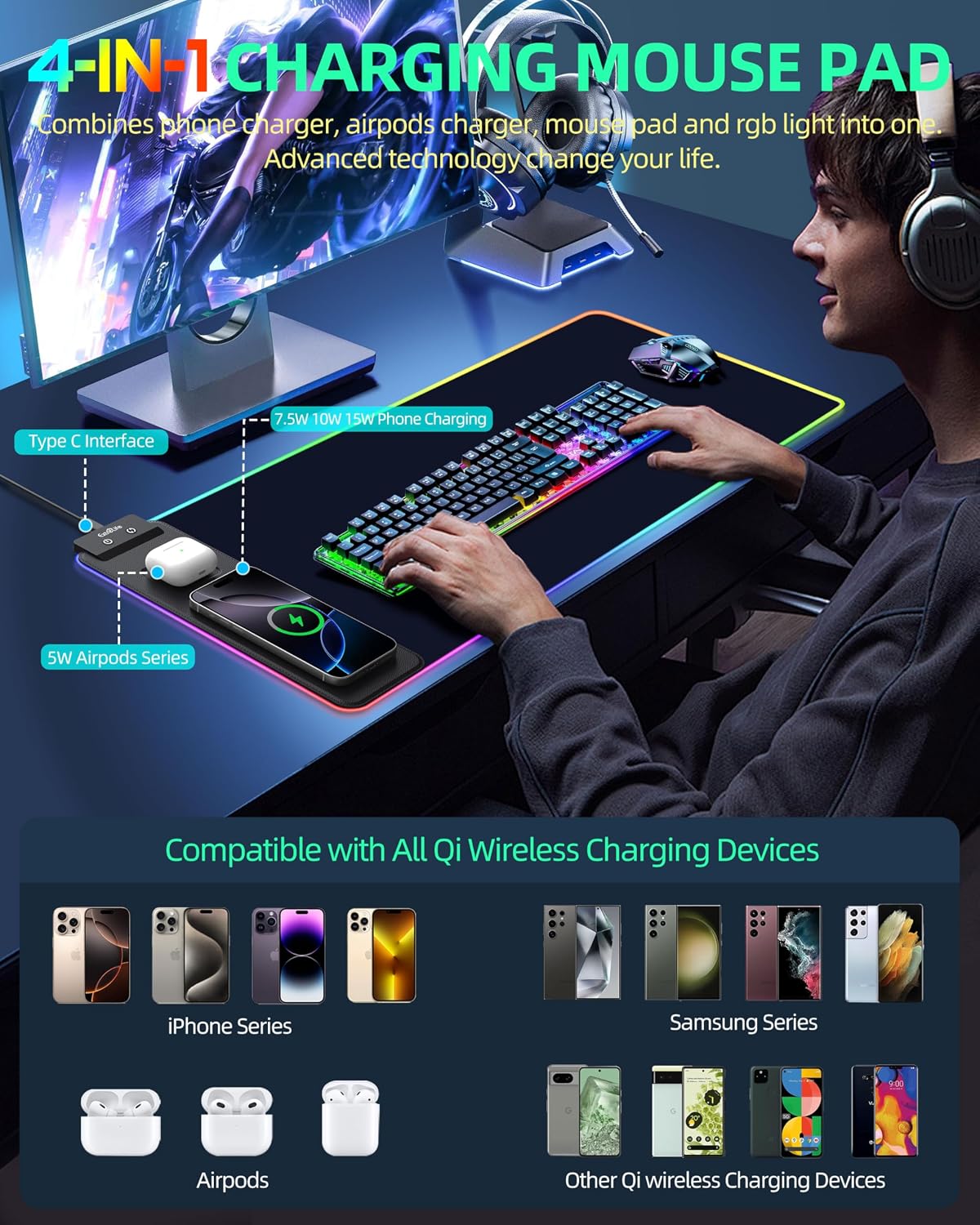 MOUSE PAD CON CARGA INALÁMBRICA EXTRELIFE RGB 80X30 CM - 2