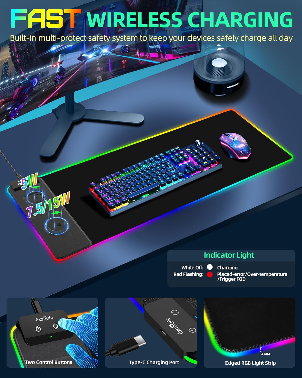 MOUSE PAD CON CARGA INALÁMBRICA EXTRELIFE RGB 80X30 CM - 5