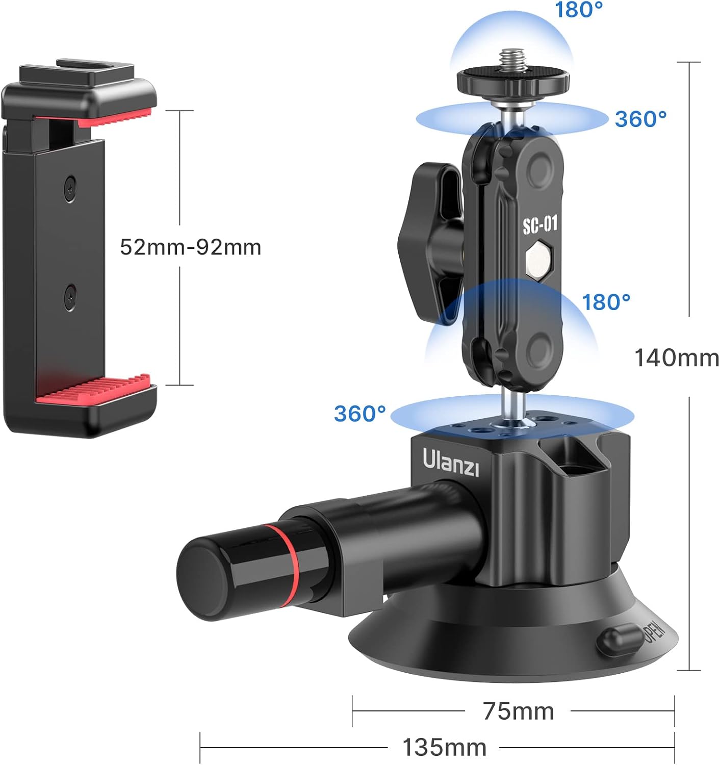 SOPORTE CON VENTOSA UURIG SC-01 3 PULGADAS PARA CÁMARA DE VLOGGING CON ABRAZADERA PARA SMARTPHONE - 3