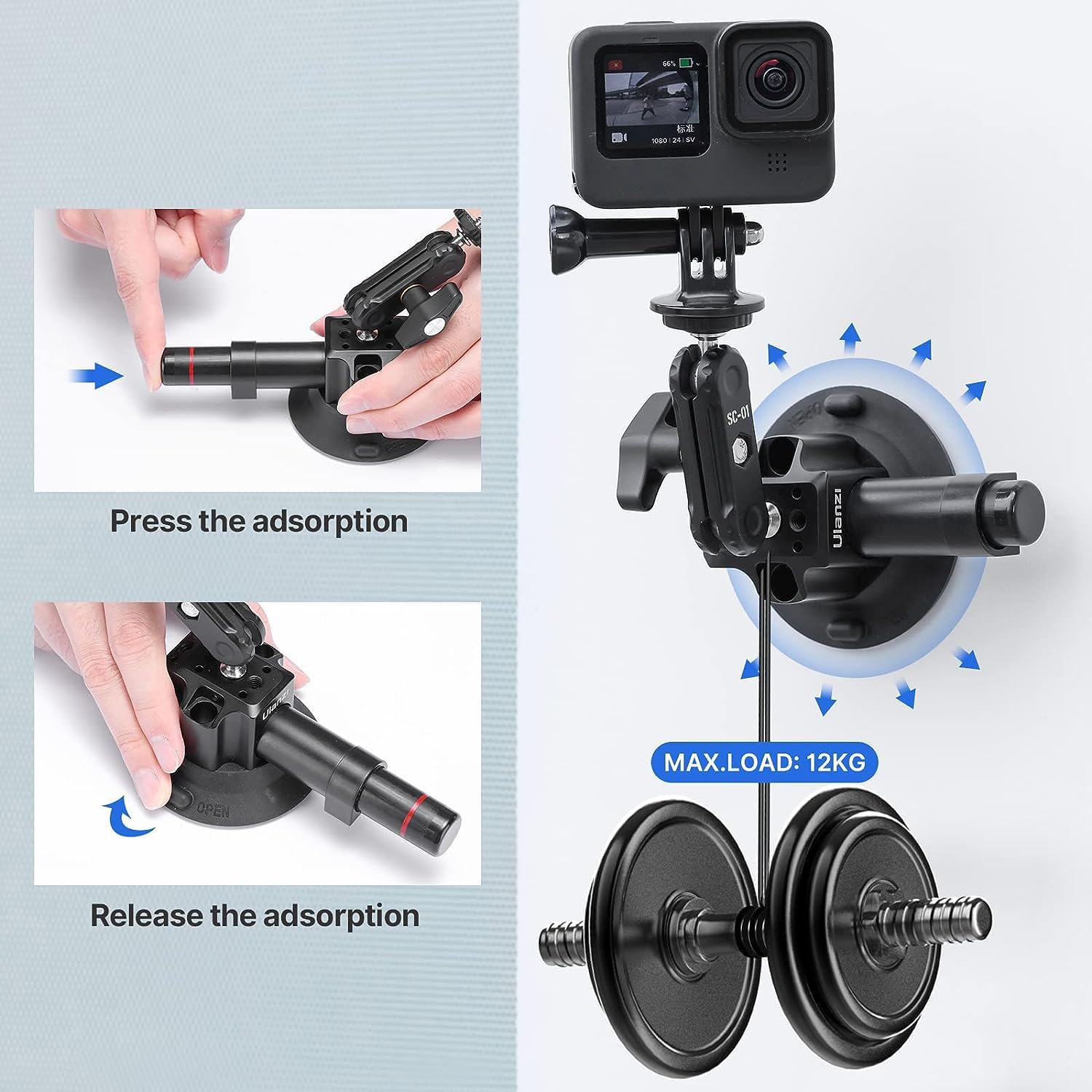 SOPORTE CON VENTOSA UURIG SC-01 3 PULGADAS PARA CÁMARA DE VLOGGING CON ABRAZADERA PARA SMARTPHONE - 4