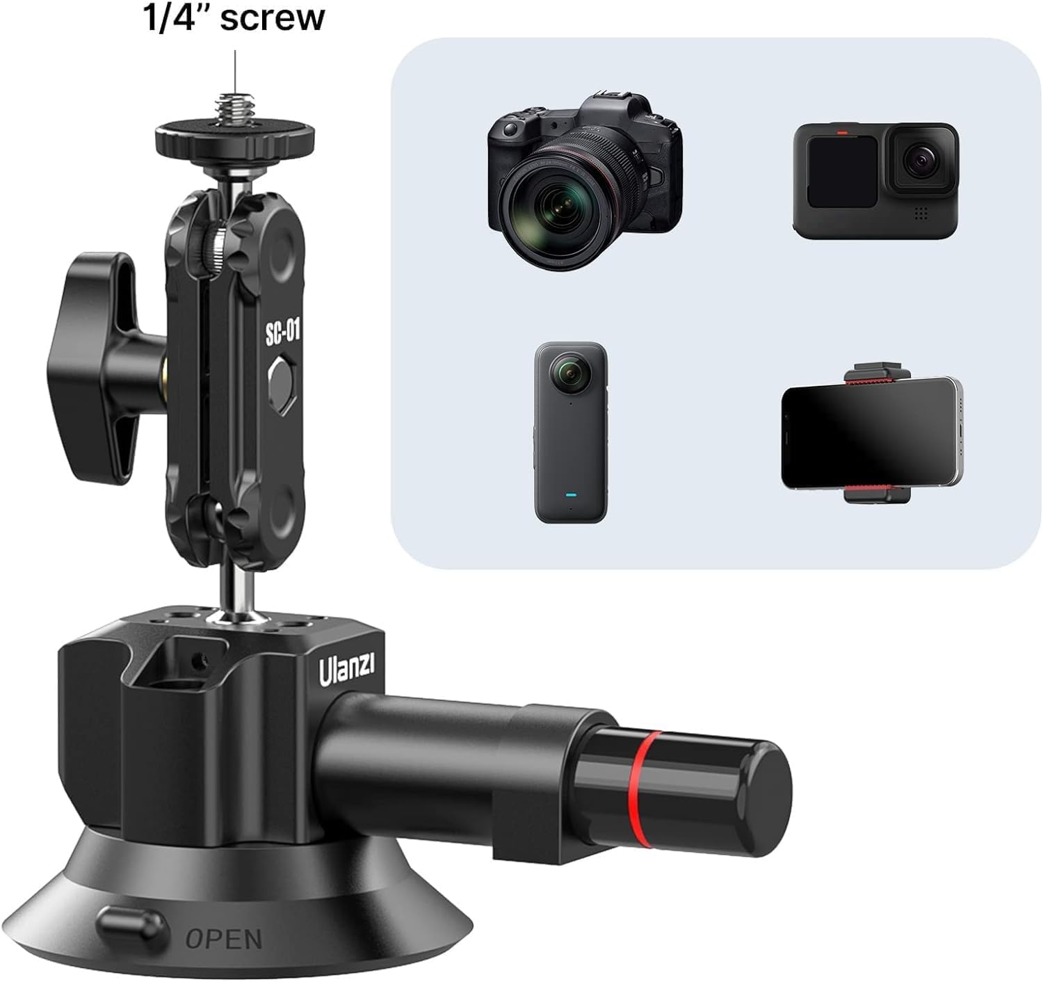 SOPORTE CON VENTOSA UURIG SC-01 3 PULGADAS PARA CÁMARA DE VLOGGING CON ABRAZADERA PARA SMARTPHONE - 5