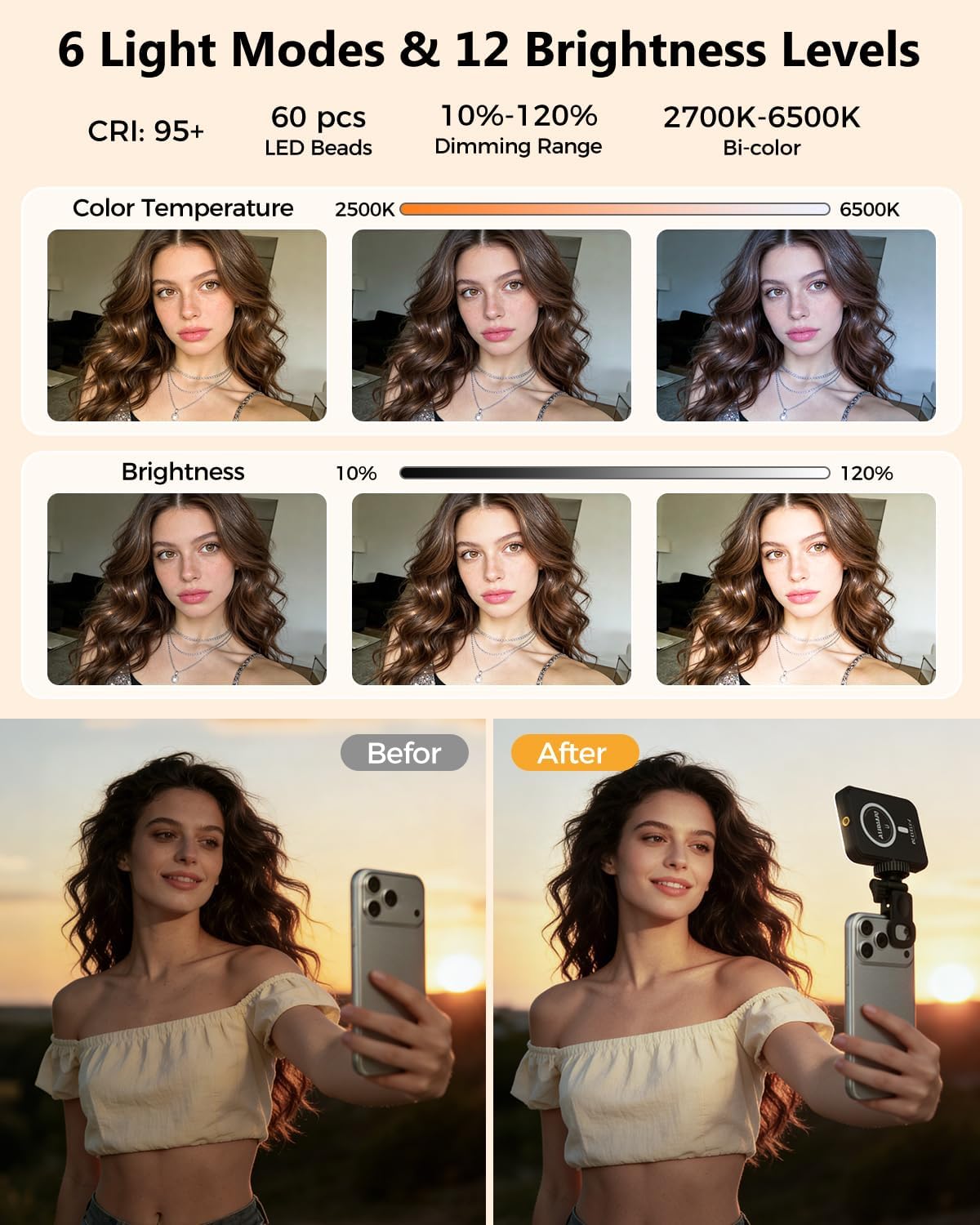 ILUMINADOR MAGNÉTICO PARA SELFIES AURIANI CON 6 MODOS DE LUZ Y 12 NIVELES DE BRILLO - 2
