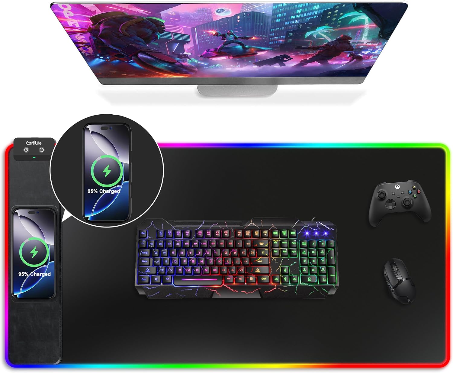 MOUSE PAD EXTRELIFE RGB GAMING CON CARGA INALÁMBRICA 31.5X11.8 PULGADAS - 1