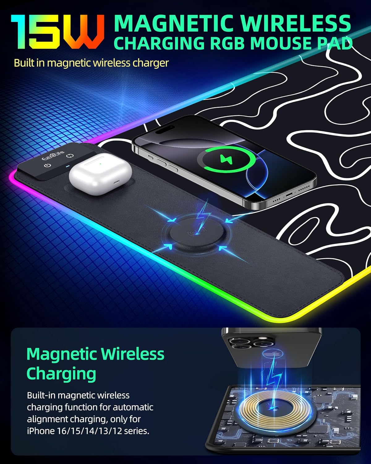 MOUSE PAD CON CARGA INALÁMBRICA EXTRELIFE RGB 80X40 CM - 2