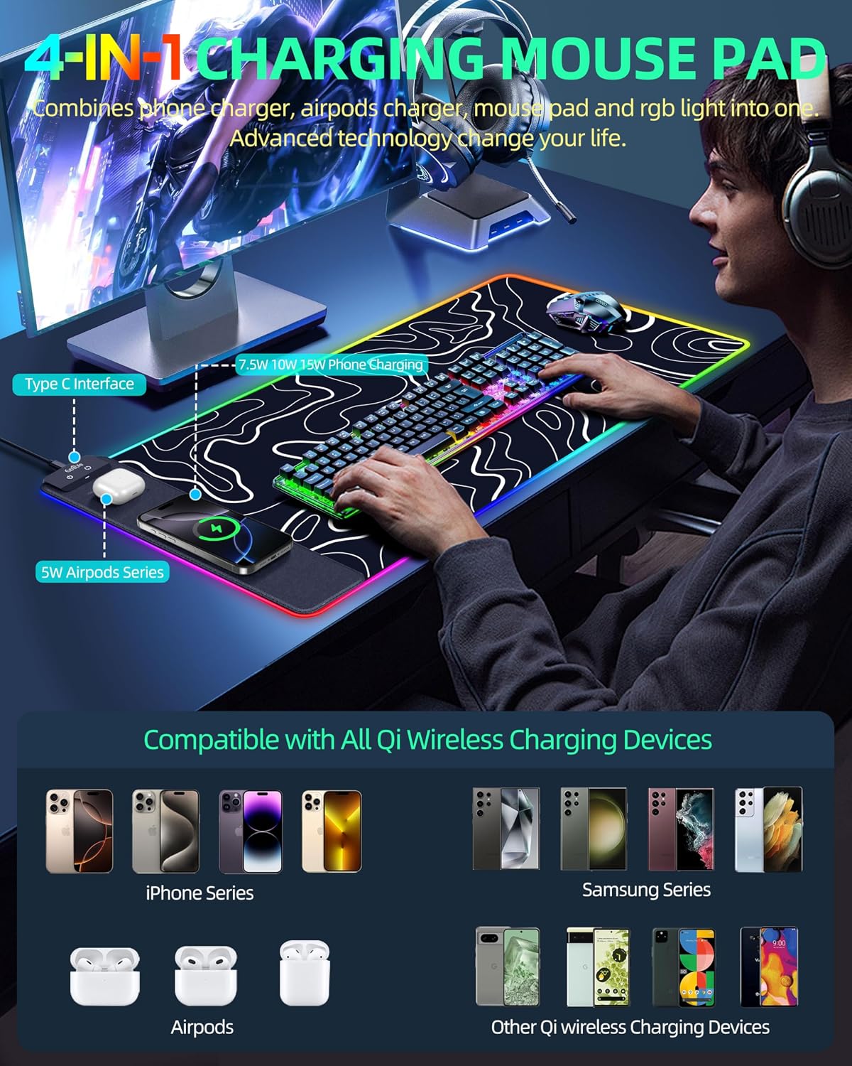 MOUSE PAD CON CARGA INALÁMBRICA EXTRELIFE RGB 80X40 CM - 3