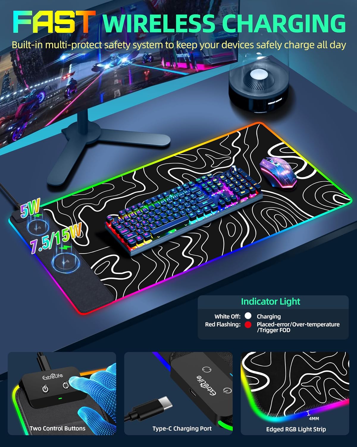 MOUSE PAD CON CARGA INALÁMBRICA EXTRELIFE RGB 80X40 CM - 5