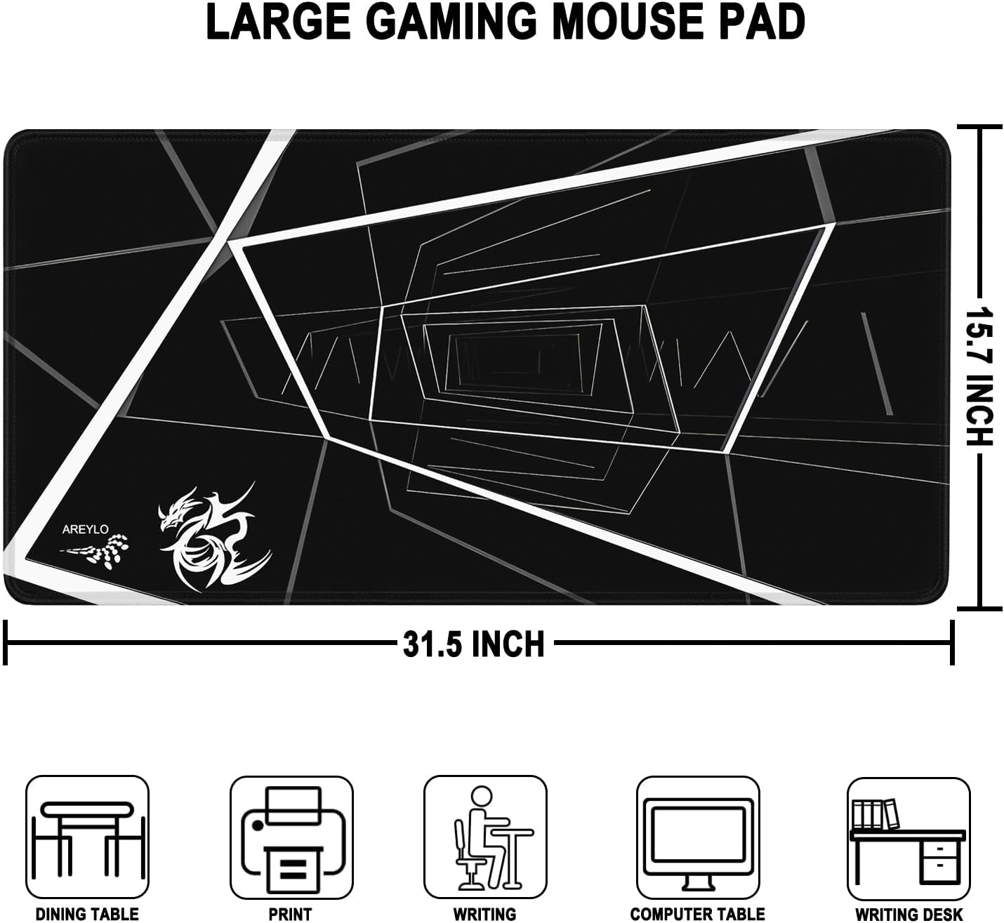 MOUSE PAD AREYLO XXL IMPERMEABLE CON BORDES COSIDOS 80X40 CM NEGRO - 3